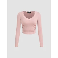 V-neck Solid Bowknot Lace Ruched Long Sleeve Crop Top