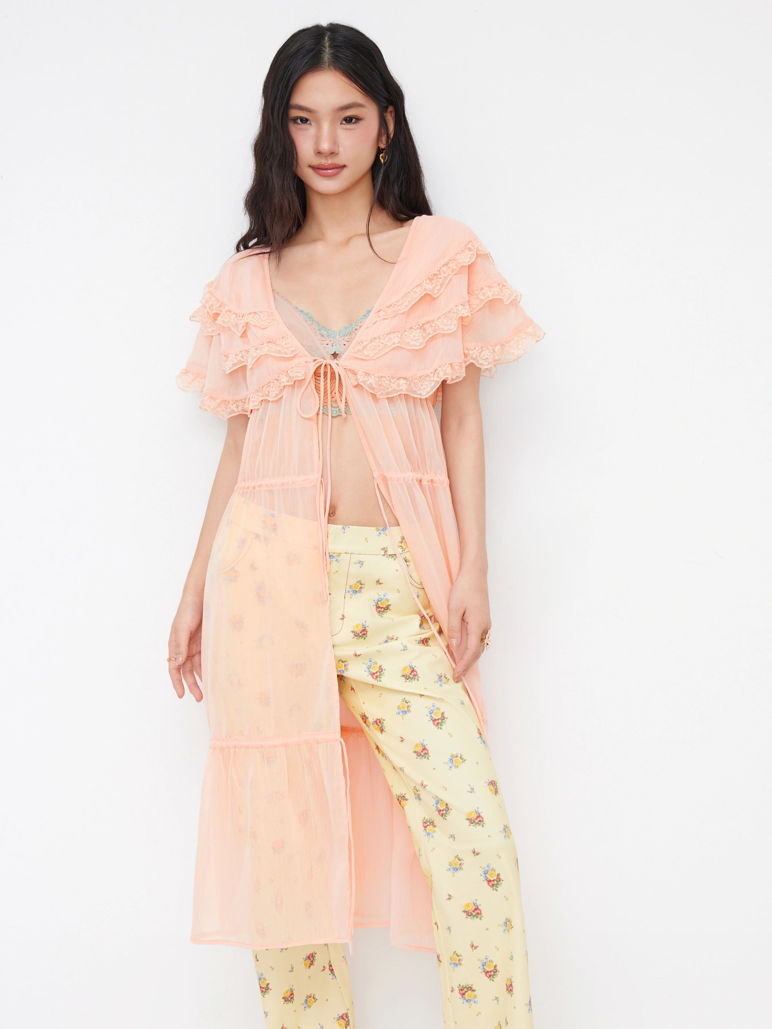 Chiffon Chiffon V-neck Tiered Tie Front Lace Trim Oversized Maxi Dress For Daily Casual