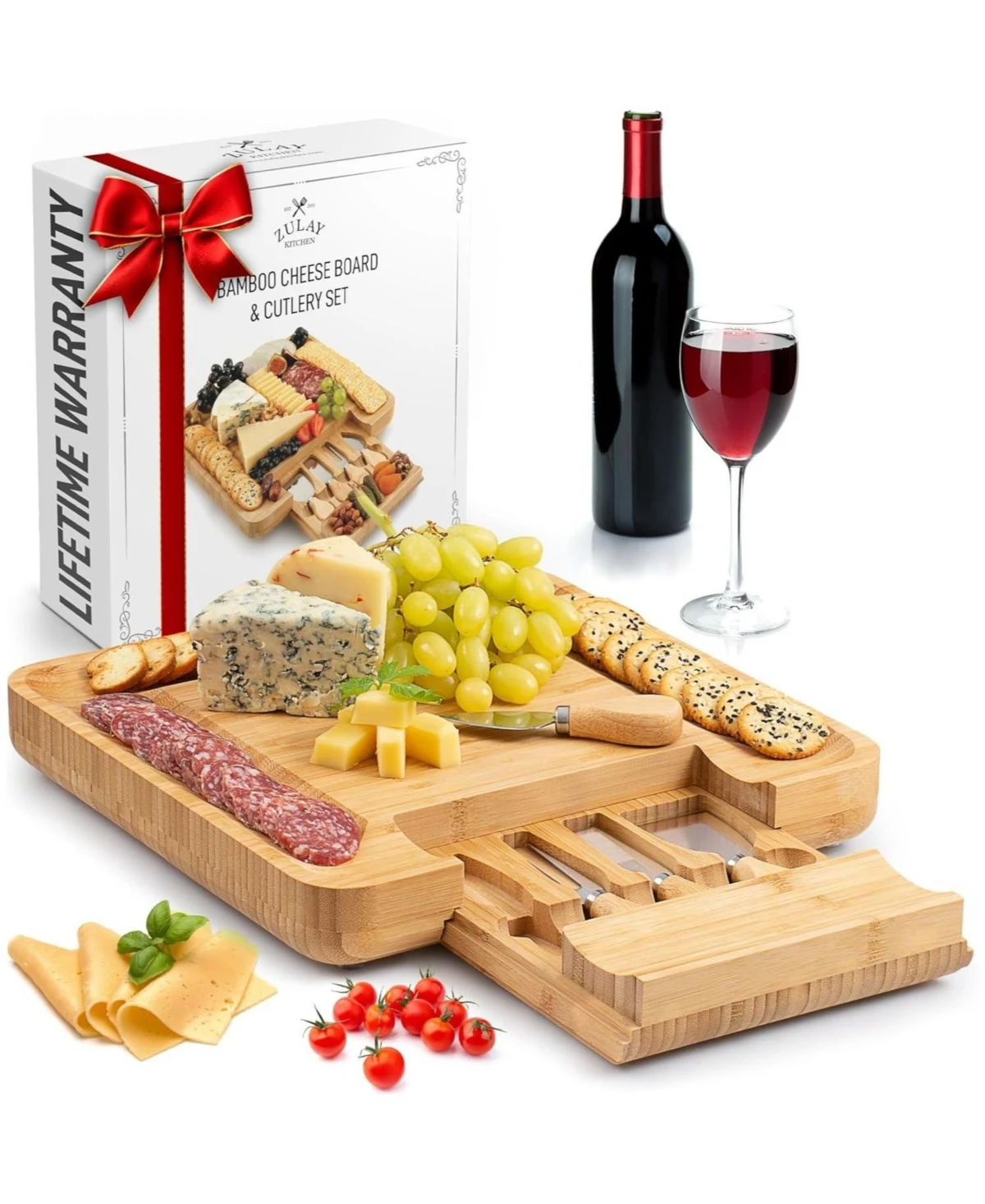 Zulay Kitchen Wooden Bamboo Cheese Board Party Set - Brown