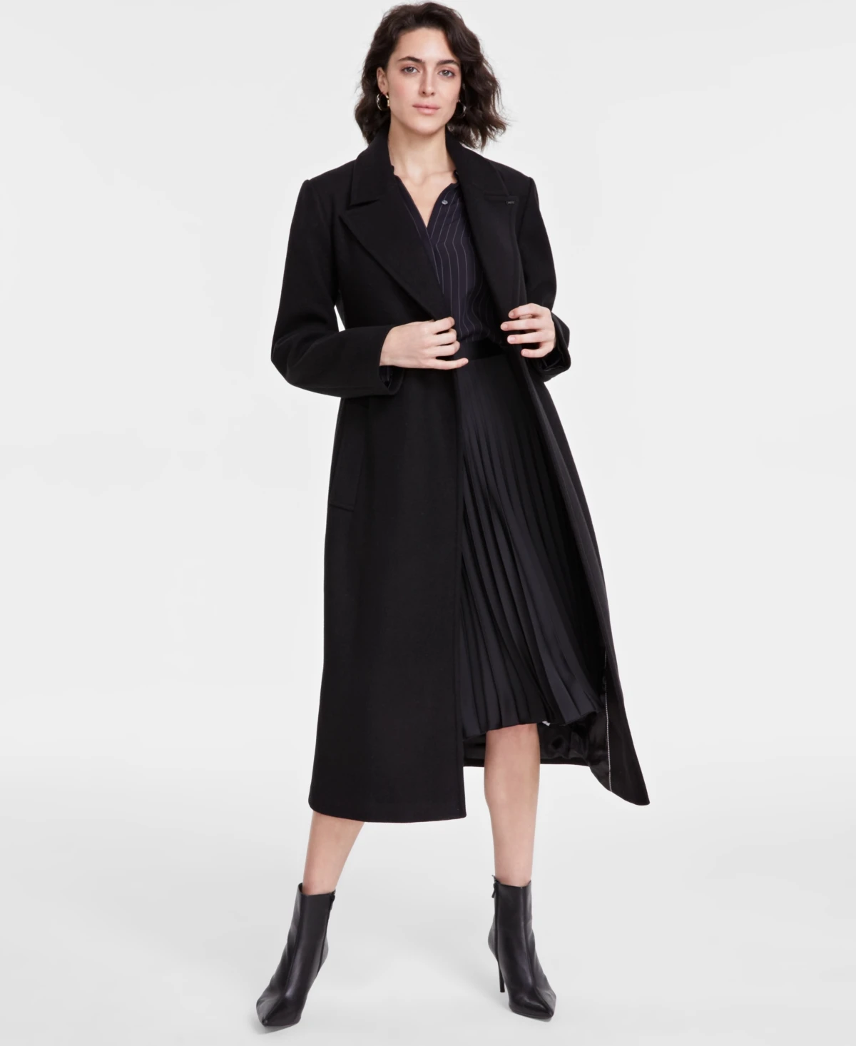 Dkny Women's Notched-Collar Double-Breasted Wrap Coat - Black