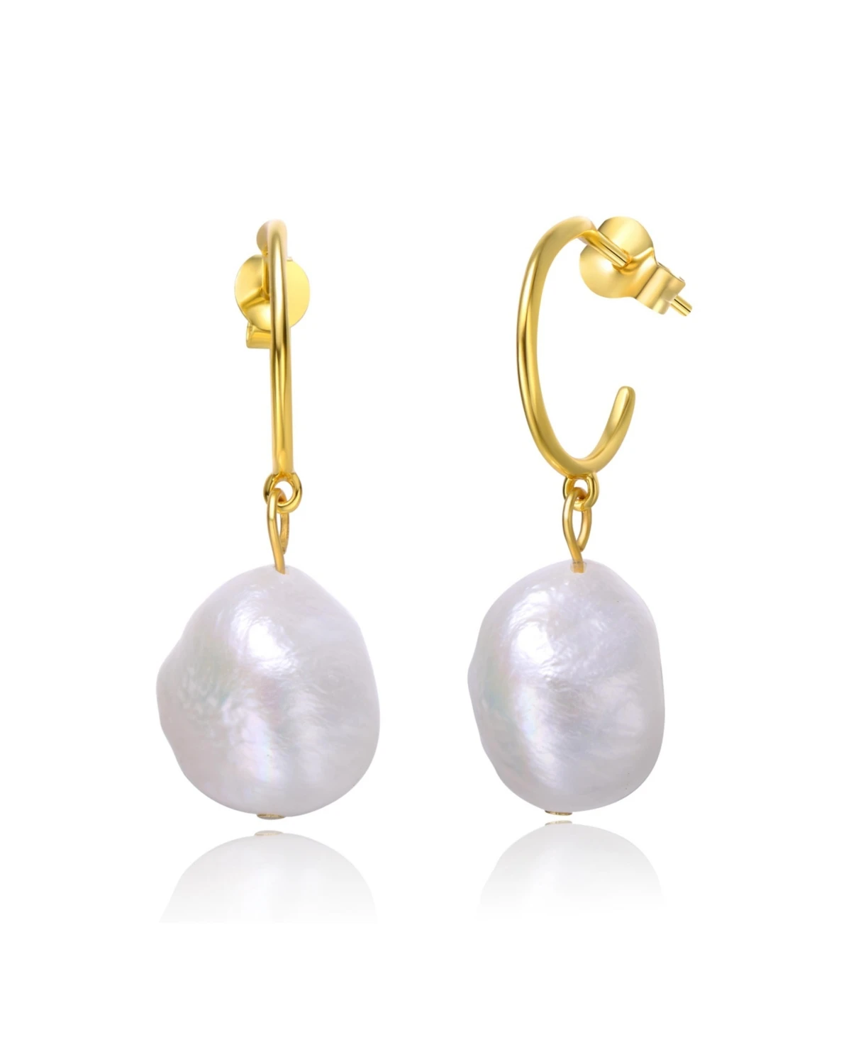 Sterling Silver 14k Yellow Gold Plated with Baroque Oval White Freshwater Pearl Dangle Drop C-Hoop Earrings - Gold