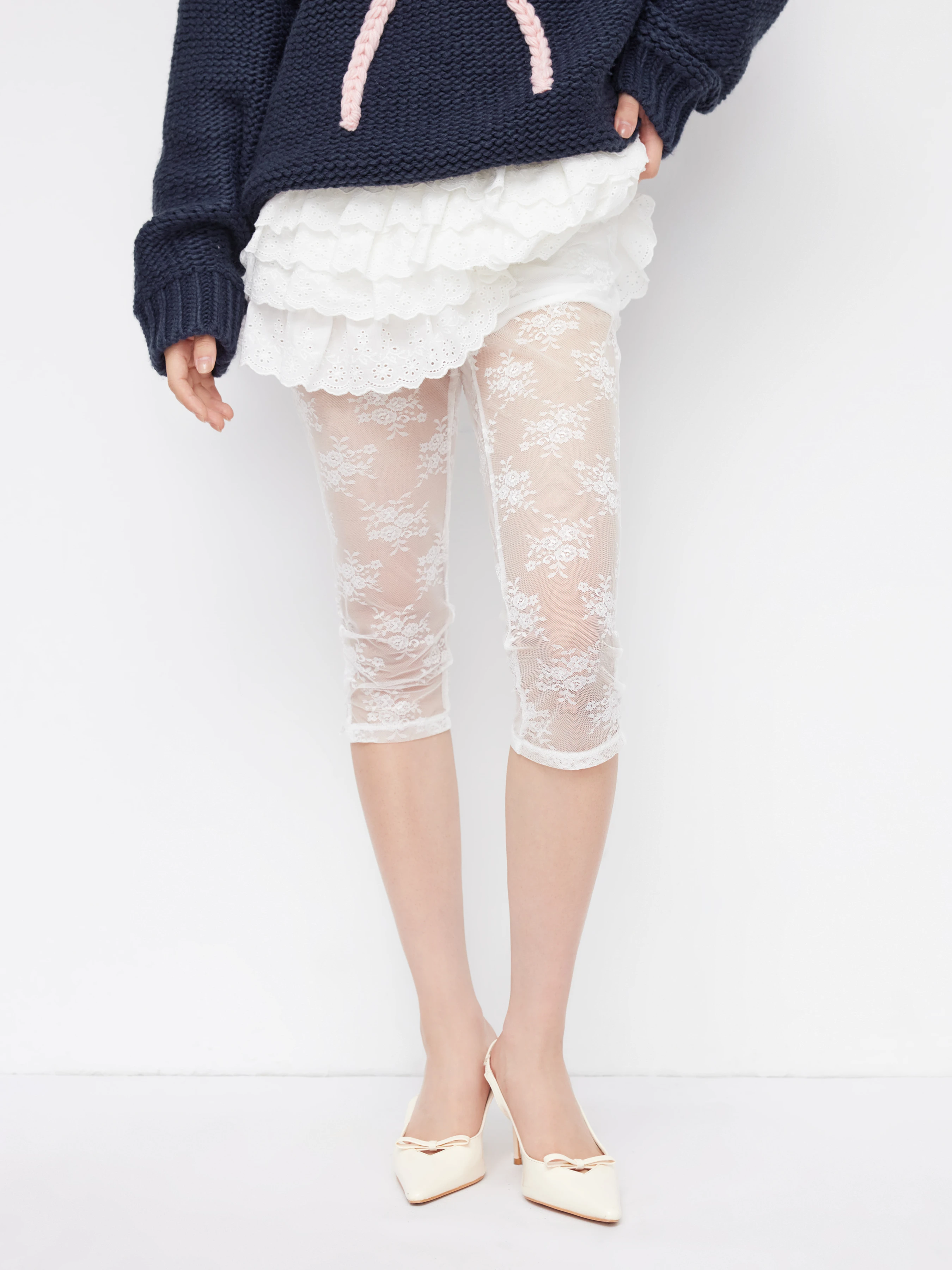 Lace Lace Two Piece Mid Rise Floral Bowknot Capri Shorts For Daily Casual