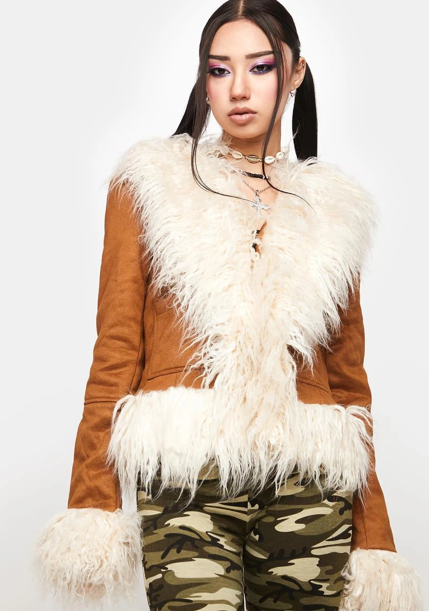 Edikted Faux Fur Trim Suede Coat - Brown