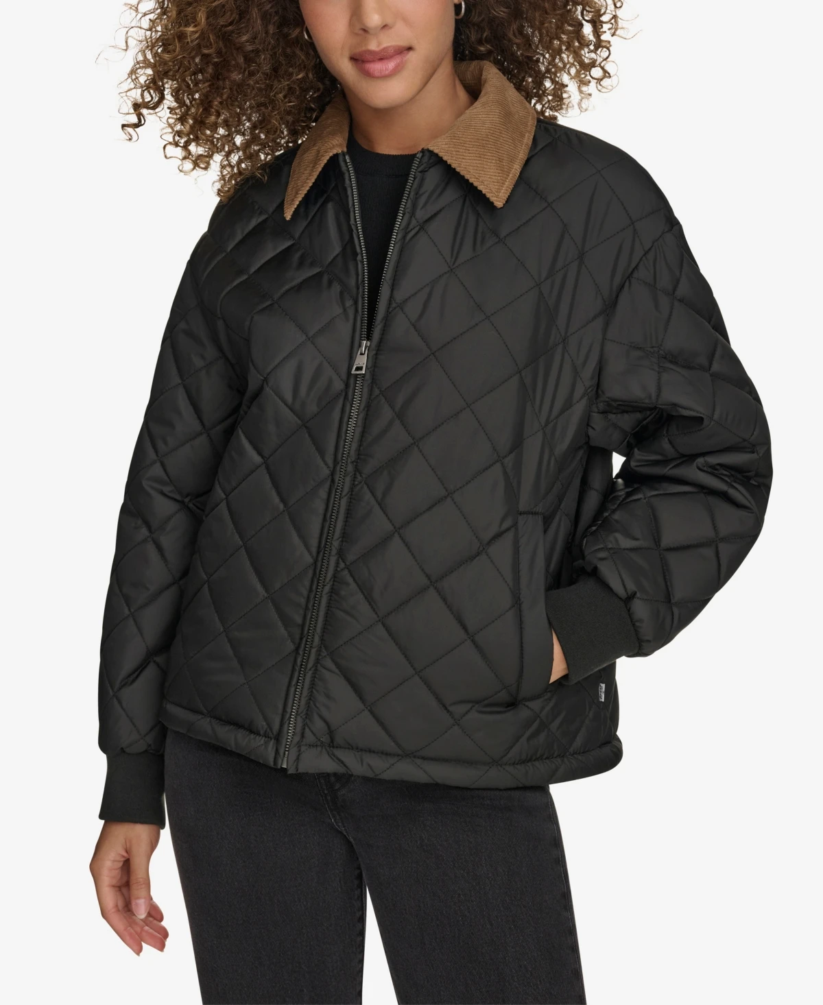 Diamond Quilted Bomber with Corduroy Collar