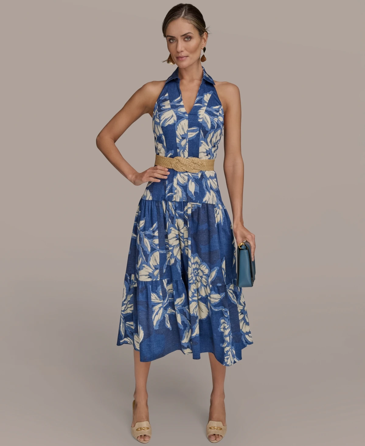 Donna Karan New York Women's Halter Belted Floral Print Midi Dress - Prussian Blue Multi