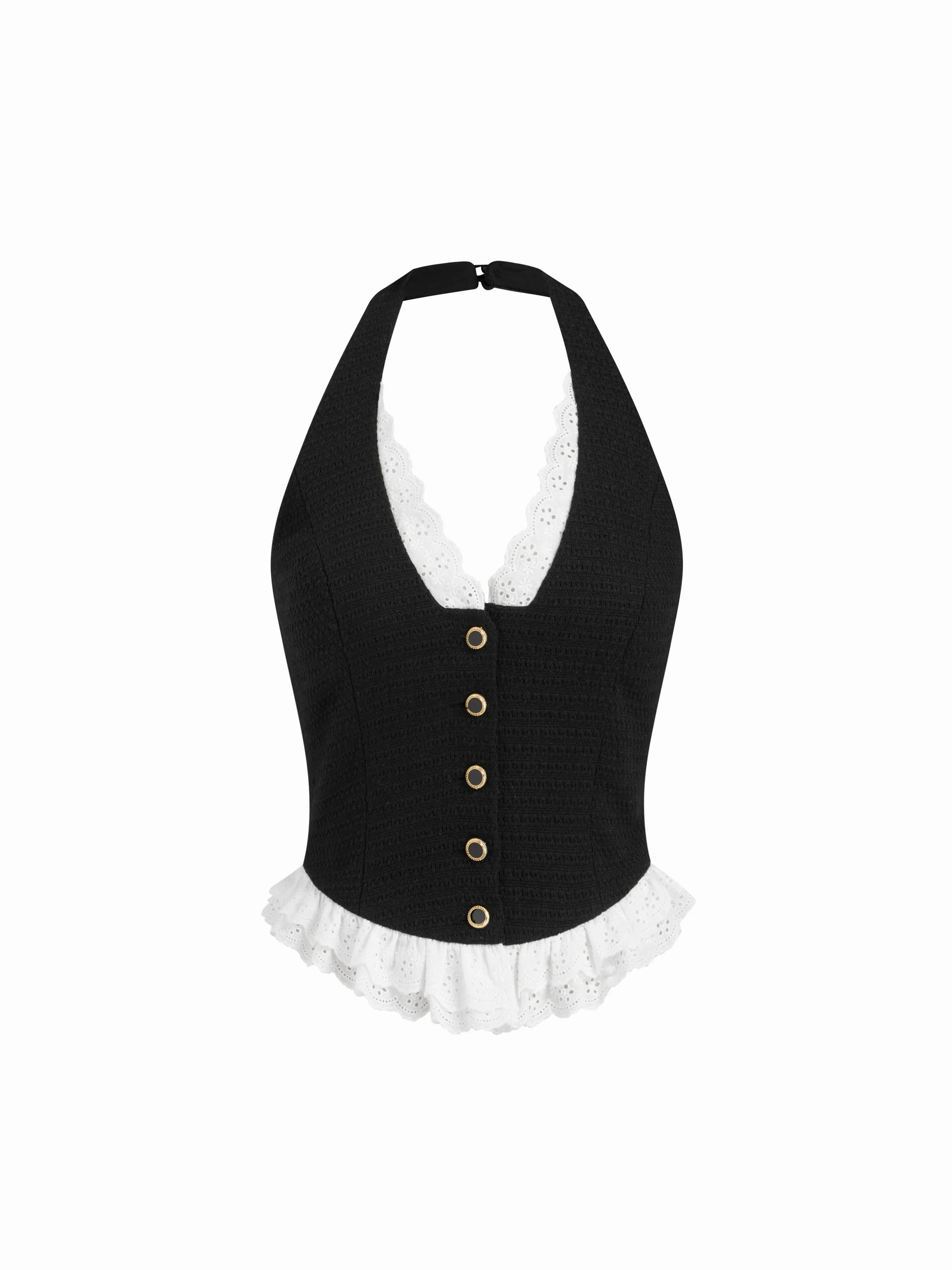 Woven Two Tone Halter Neckline  Broderie Anglaise Metal Detail Button Top For Daily Casual