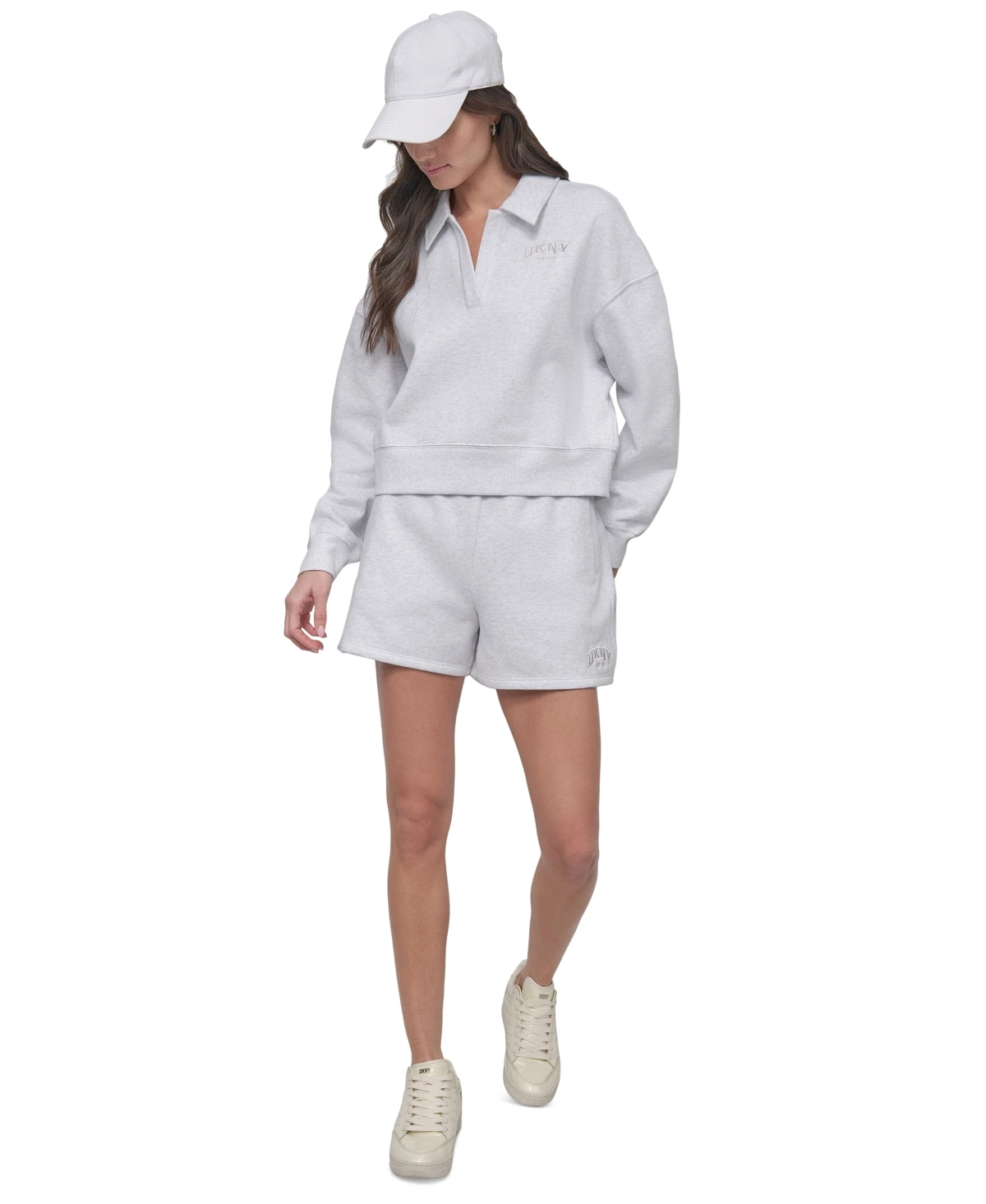 Dkny Sport Varsity Embroidered Logo Johnny Collar Top - Optic Heather