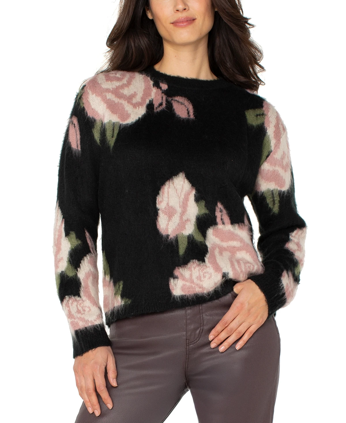 Liverpool Los Angeles Women's Floral Print Long Sleeves Sweater - Black Floral Multi