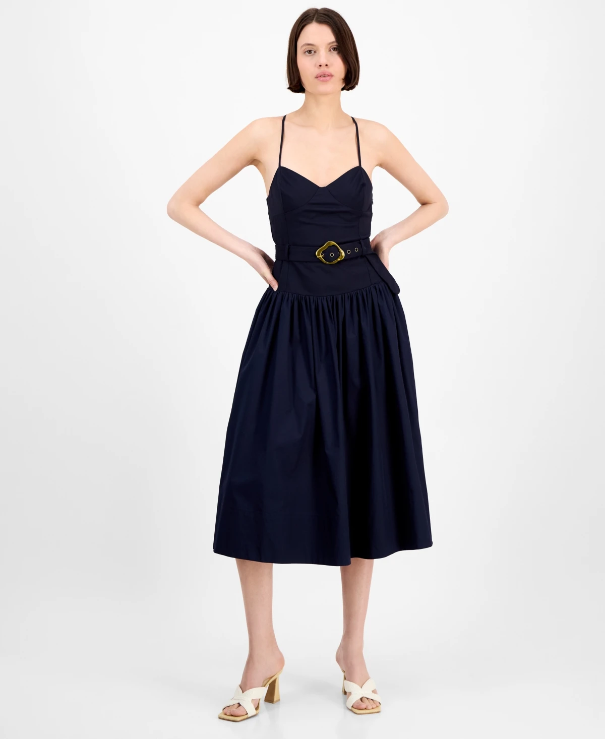 En Saison Women's Melody Mixed-Media Belted Midi Dress - Navy