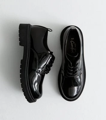 Black Patent Leather-Look Chunky Lace Up Shoes