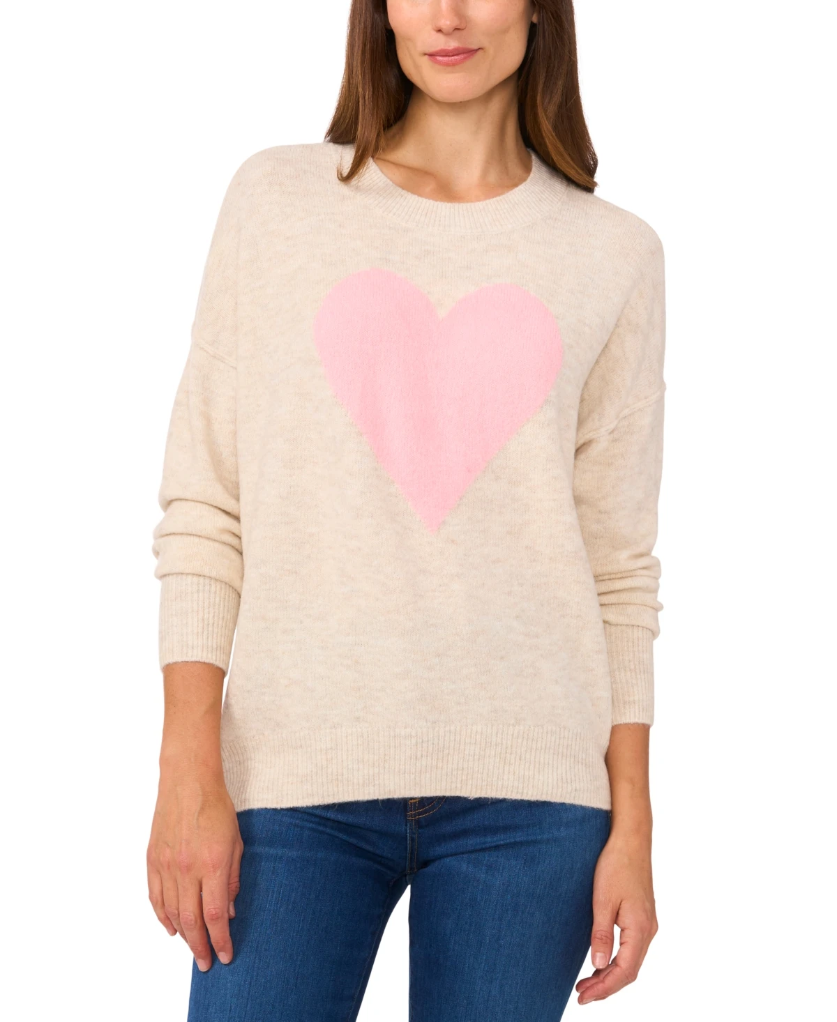 Women's Heart-Print Crewneck Long-Sleeve Sweater
