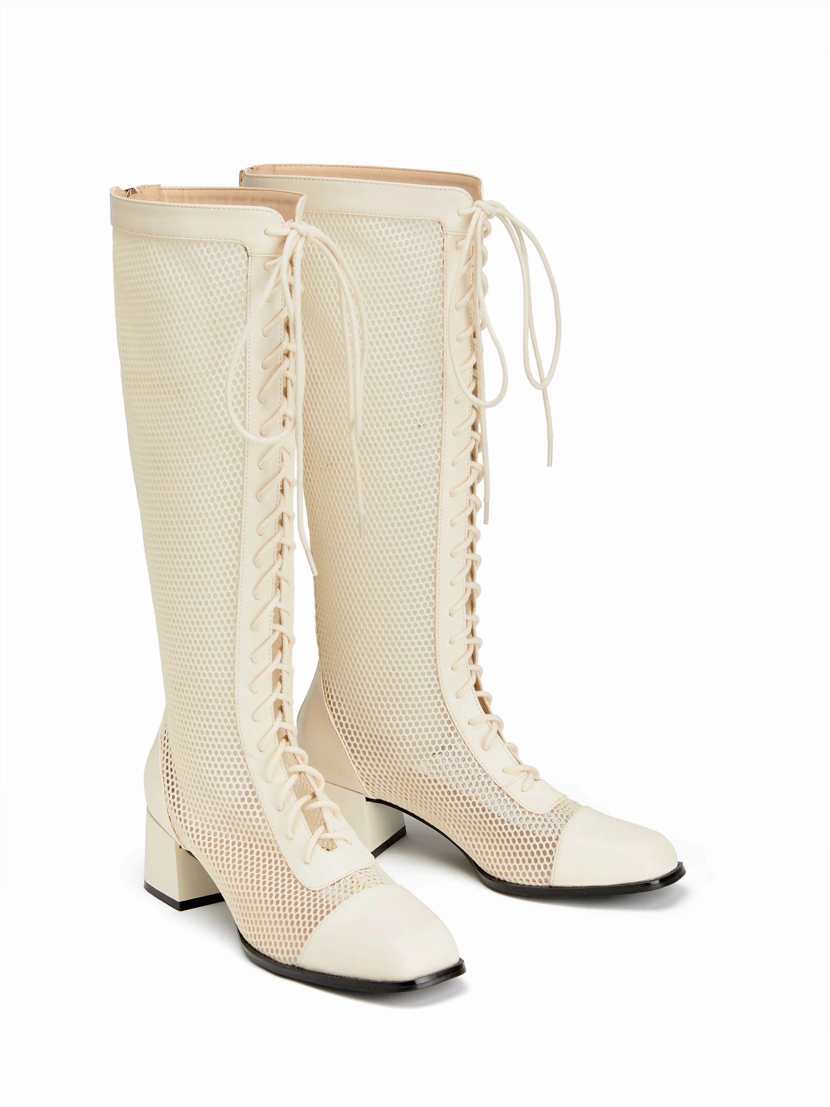 LACE-UP MESH CHUNKY HEELED KNEE HIGH BOOTS For Date Party/Clubbing