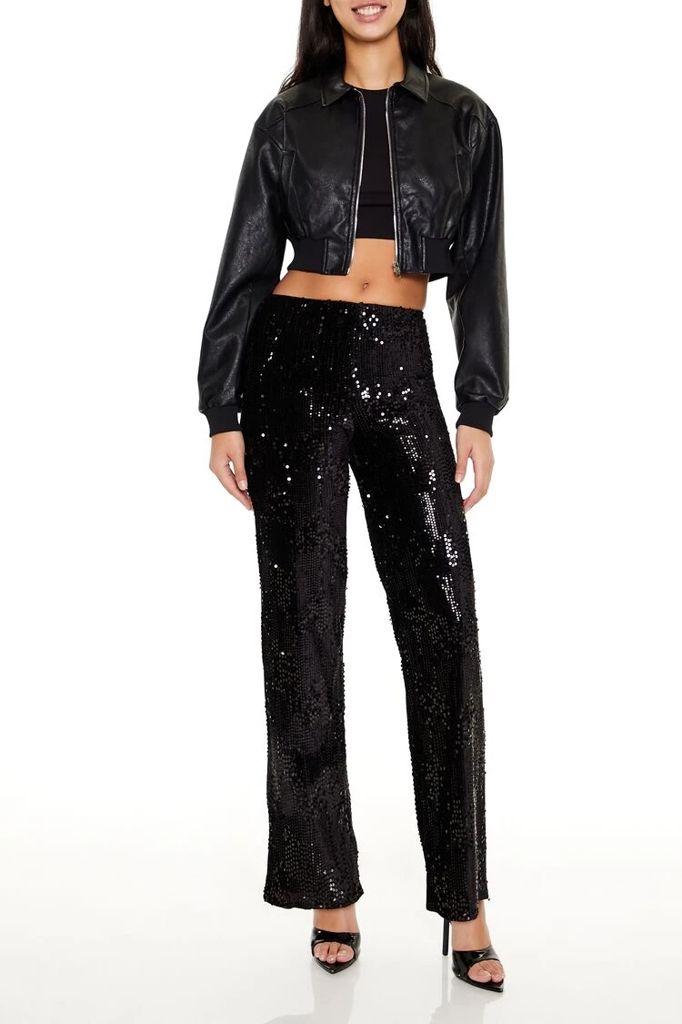 Sequin High-Rise Straight Pants
