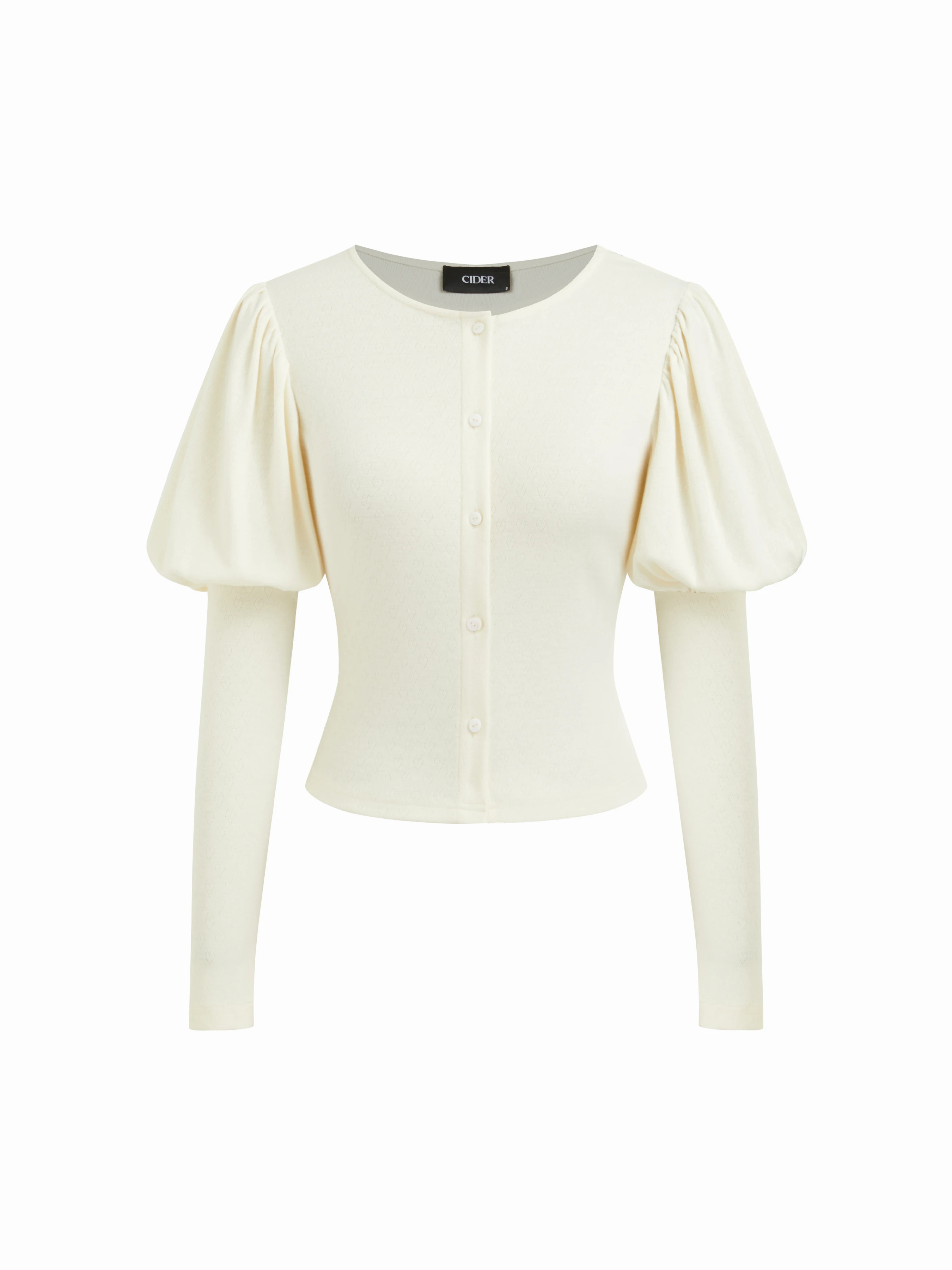 Knit Fabric Round Neckline Button Juliette Sleeve Top For Daily Casual