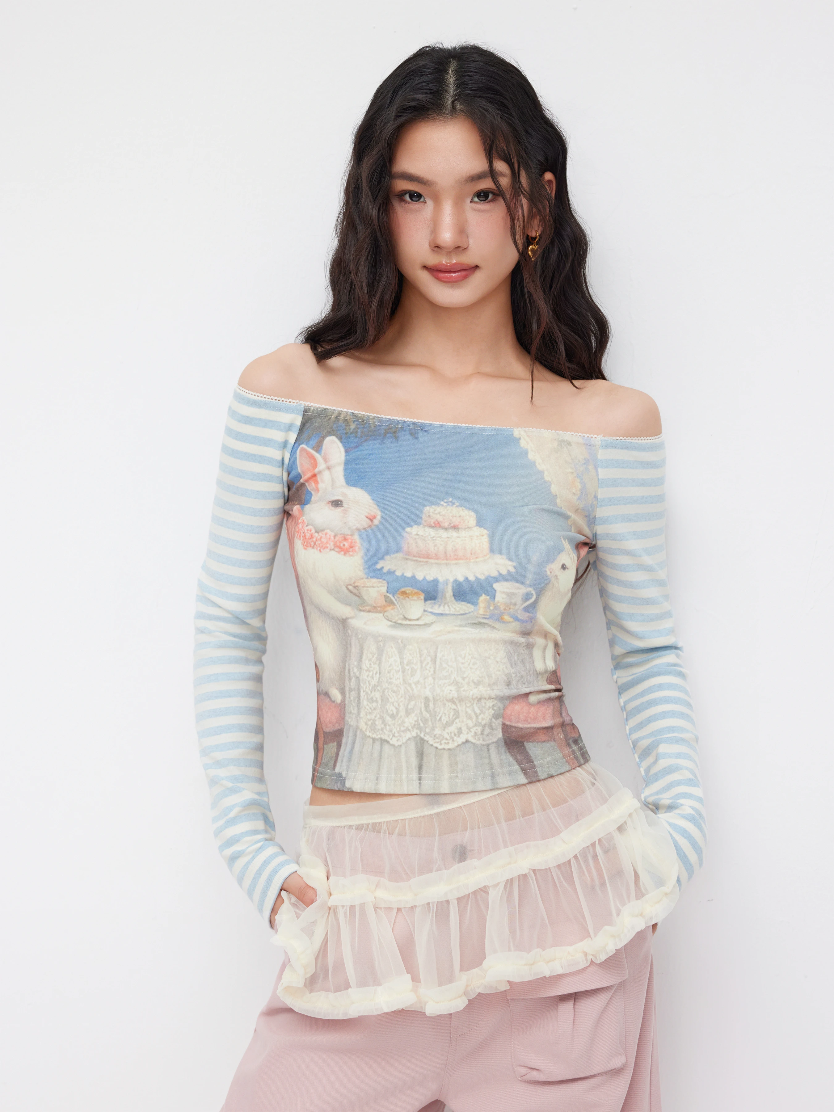 Knit Fabric Cotton-blend Off-shoulder Rabbit Graphic Striped Patched Long Sleeve Tee For Daily Casual