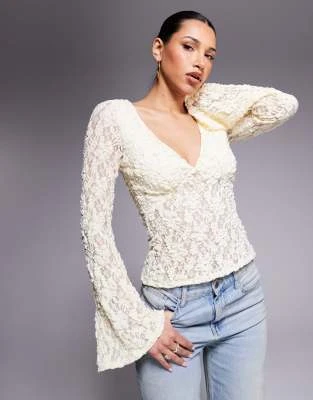 ASOS DESIGN lace plunge fluted sleeve top in buttermilk