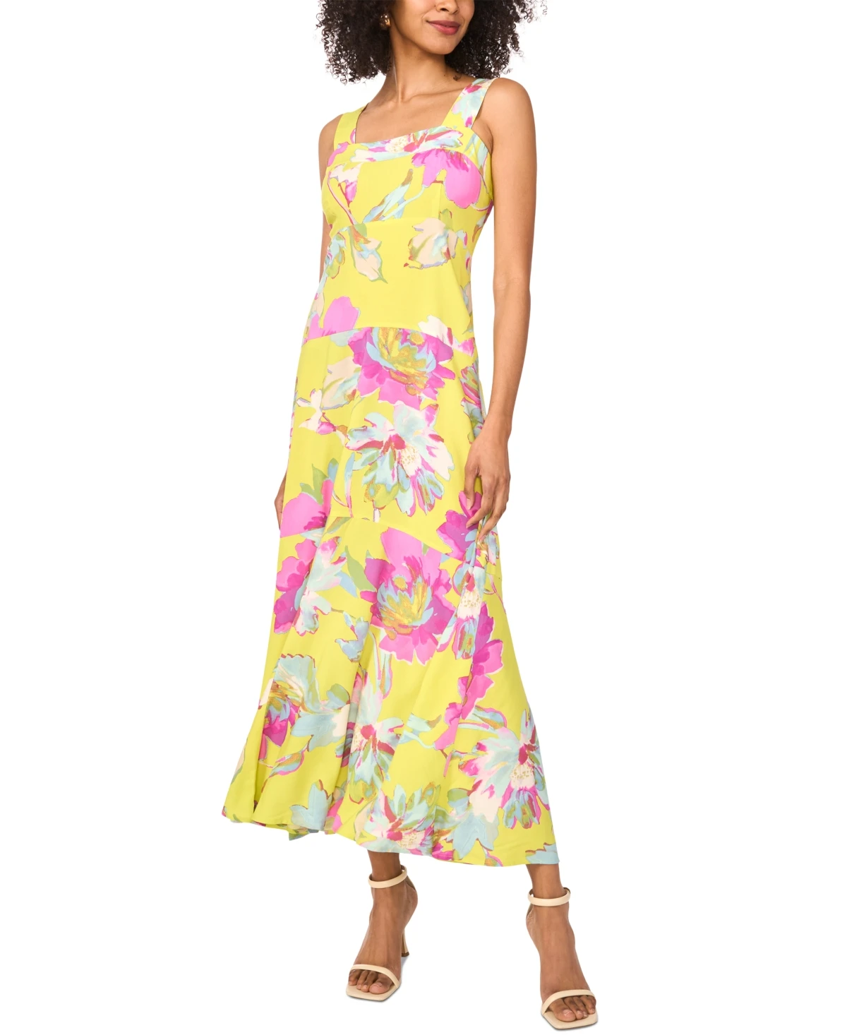 Vince Camuto Women's Floral Square-Neck Smocked-Back Sleeveless Maxi Dress - Lime Green