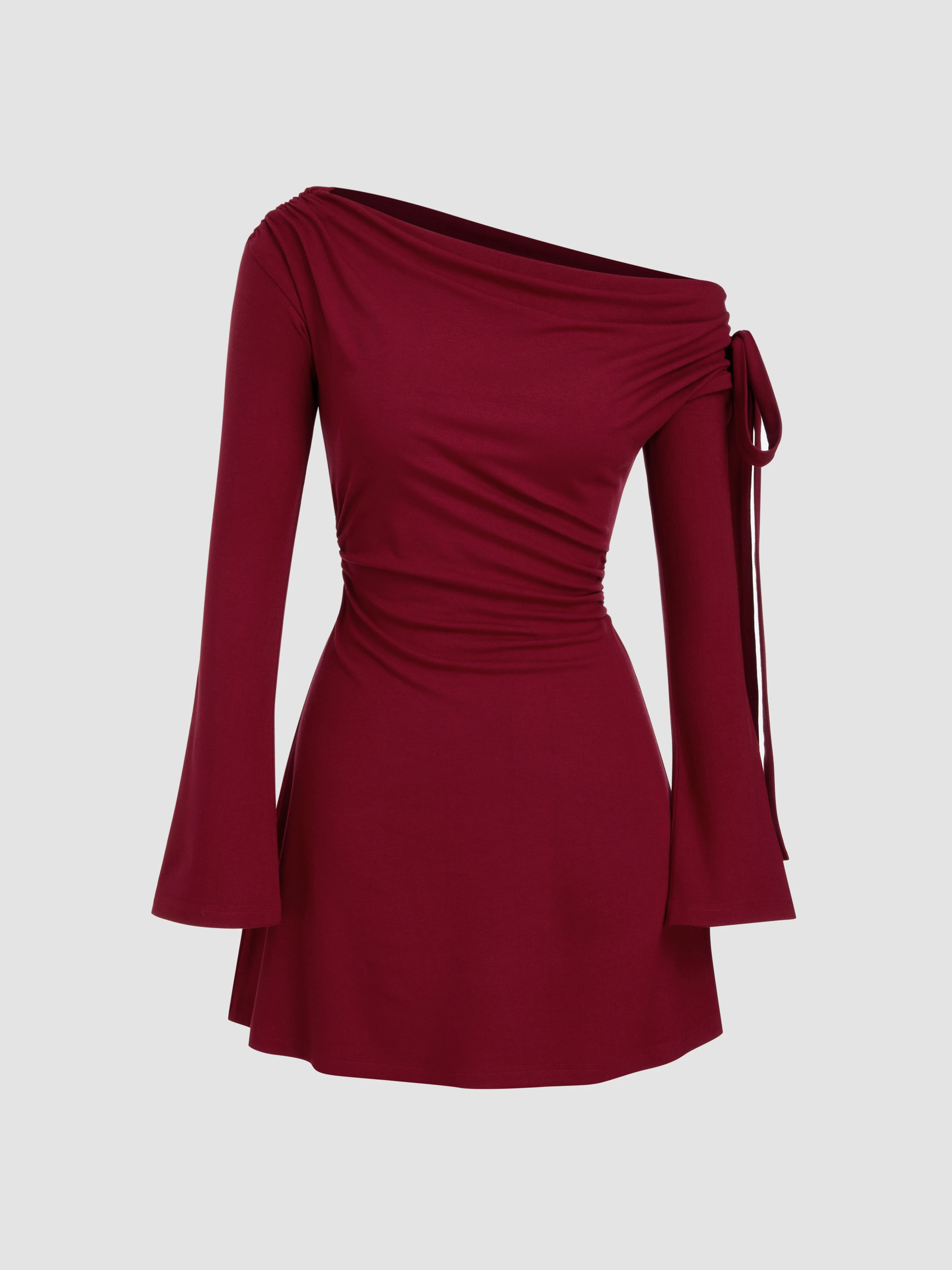 Knit Fabric Asymmetrical Neck Ruched Knotted Mini Dress For Music Festival/Live House Party/Clubbing Vacation