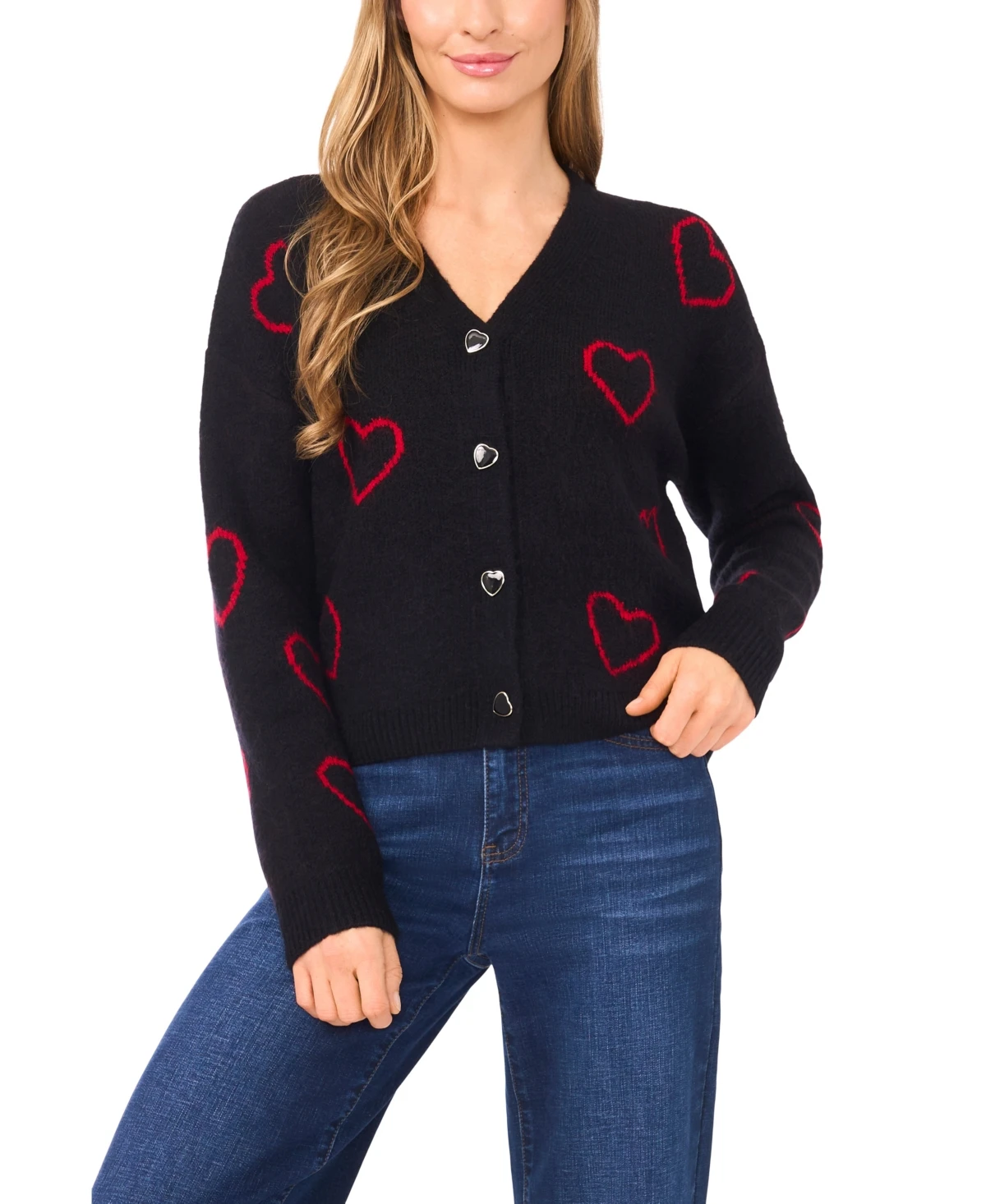 CeCe Women's V-Neck Heart Jacquard Cardigan Sweater - Rich Black