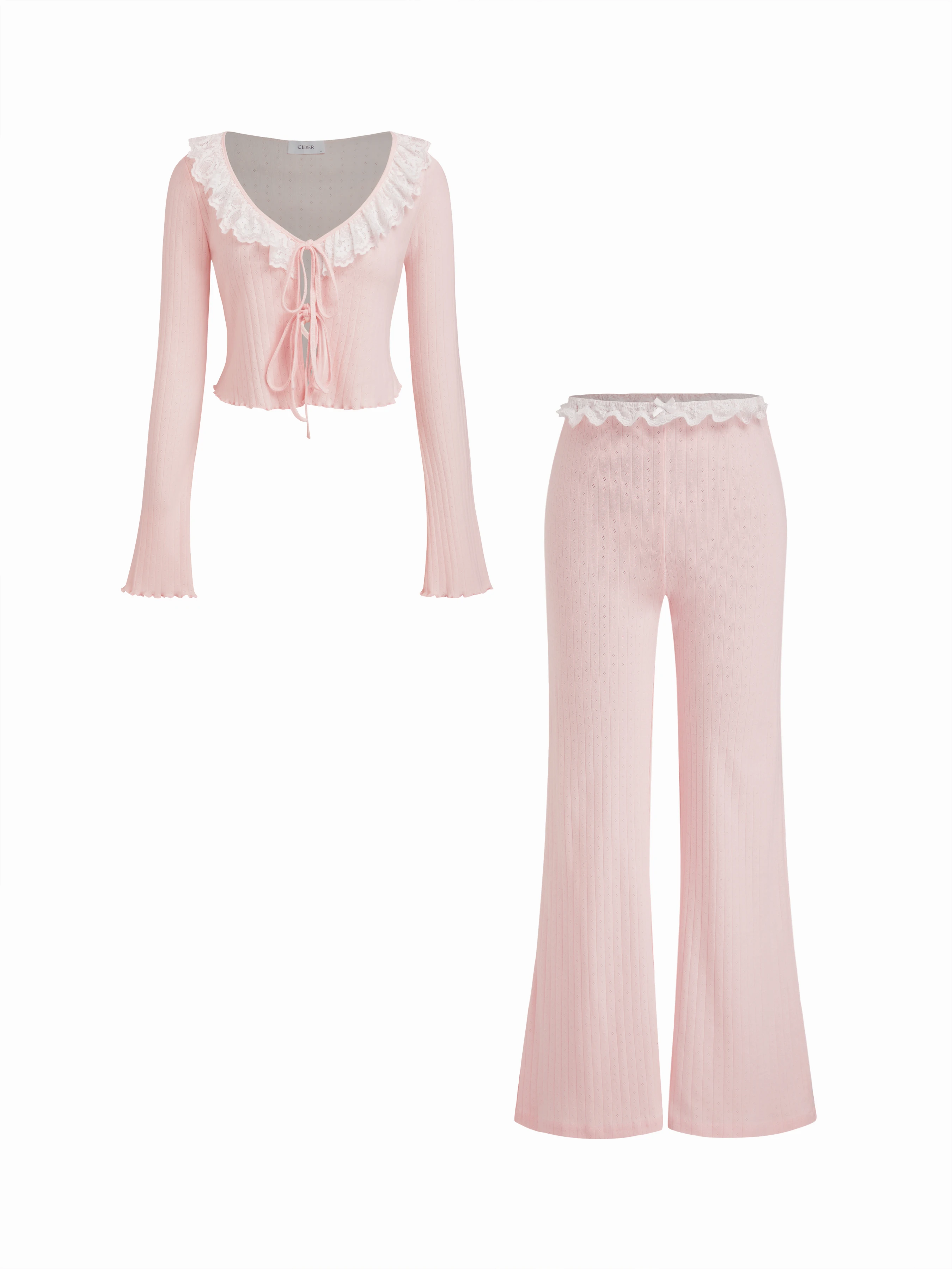 Knit Fabric 100% Cotton V-neck Pointelle Tie Front Top & High Rise Lace Trim Bowknot Flare Trousers Loungewear Set For Bedroom