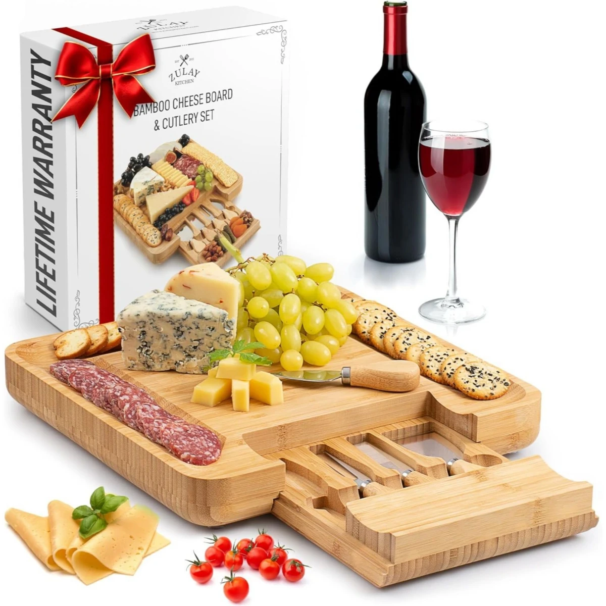 Zulay Kitchen Wooden Bamboo Cheese Board Party Set - Brown