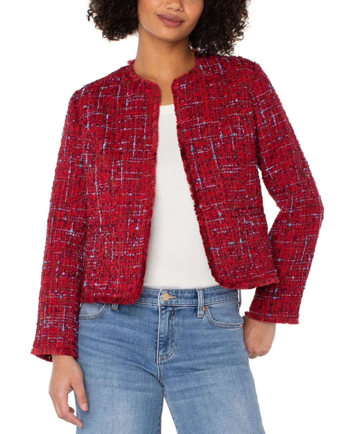 Liverpool Los Angeles Fray Edge Collarless Jacket - Red Multi Boucle