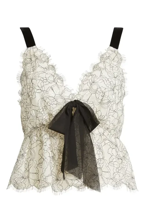 LoveShackFancy Mendes Bow Detail Eyelash Lace Camisole in White Silhouette at Nordstrom