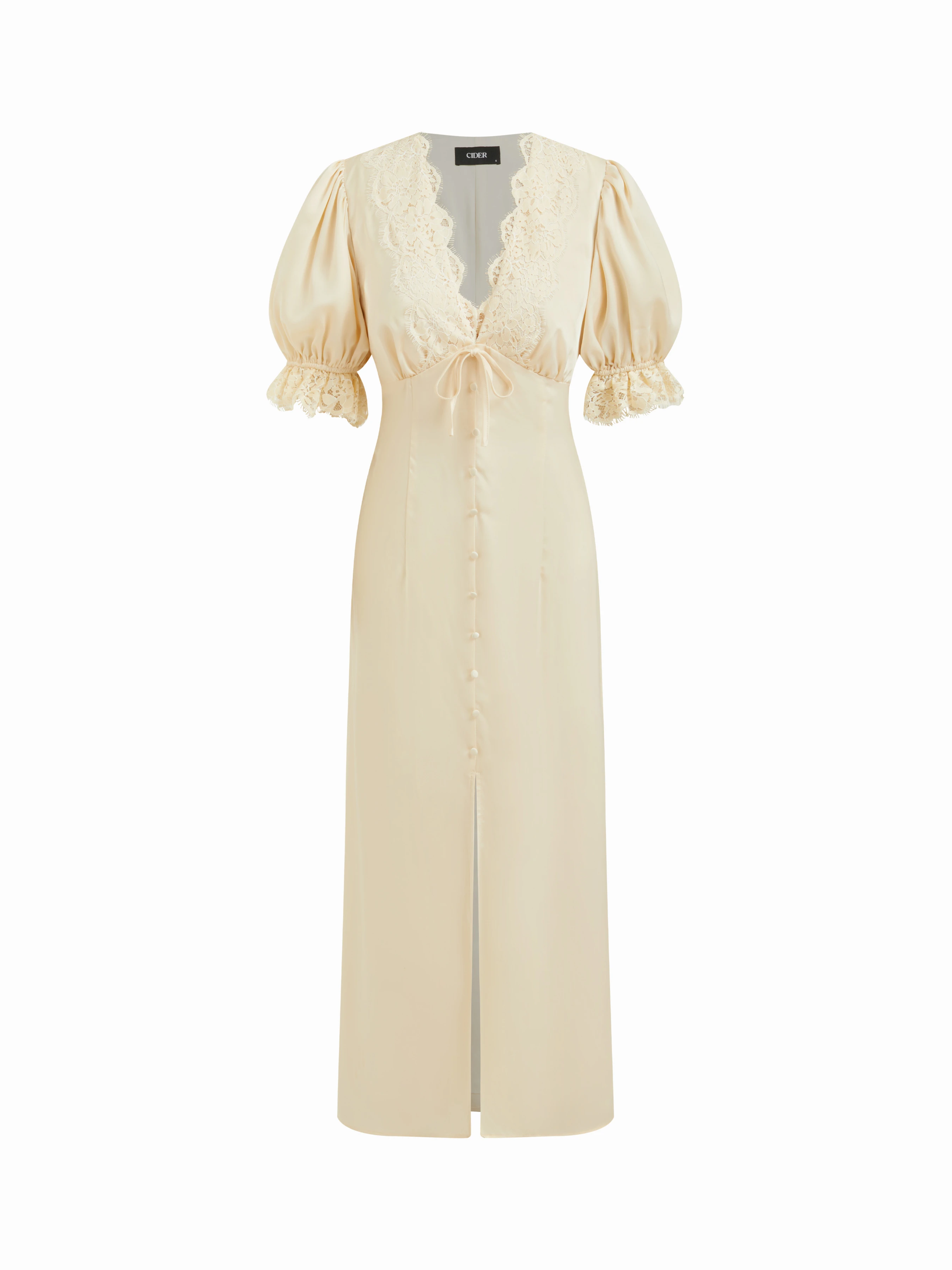 Satin Satin V-neck Lace Trim Tie Front Puff Sleeve Maxi Dress For Daily Casual Date