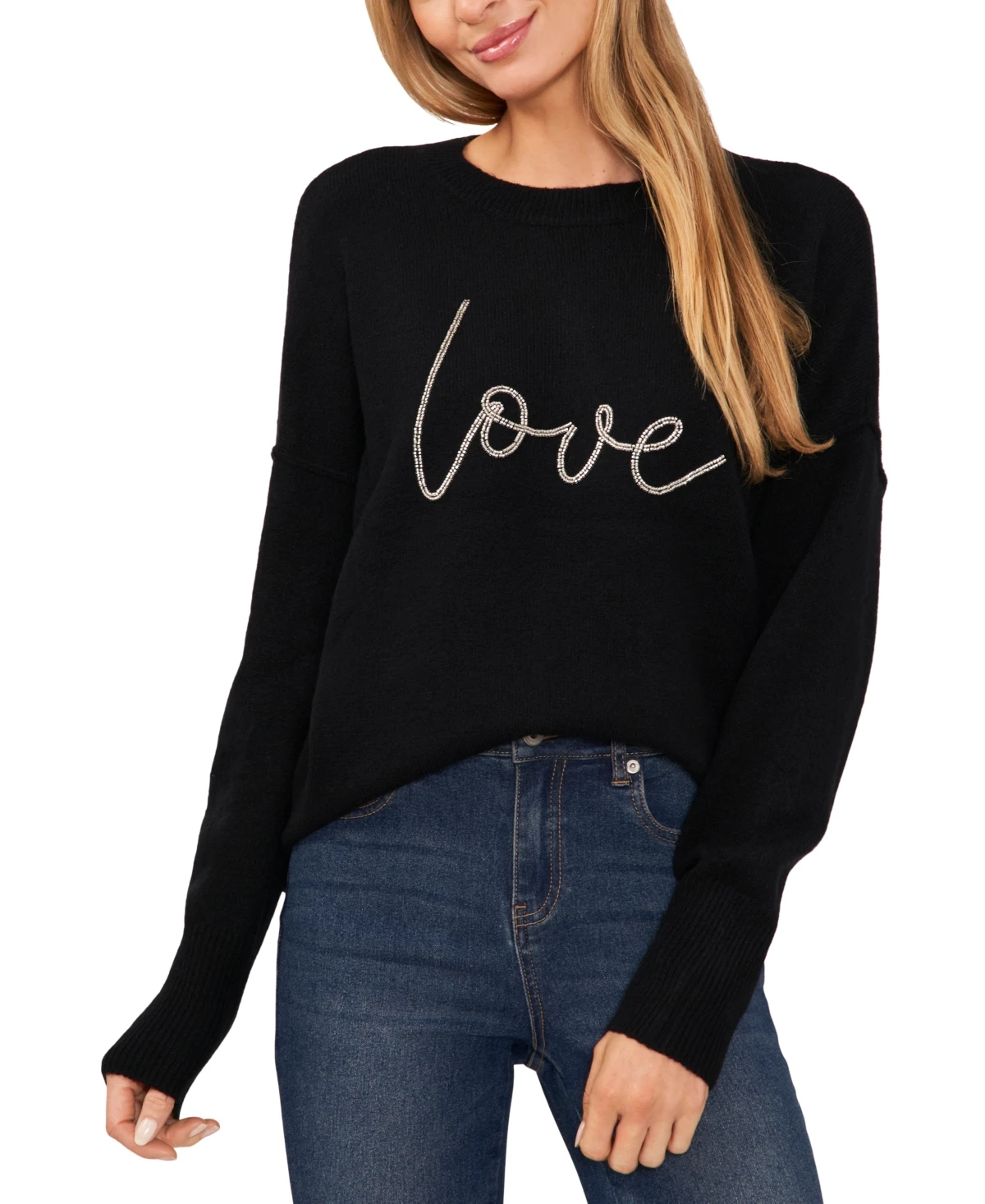 Women's Beaded Love Script Crewneck Long-Sleeve Sweater - Rich Black