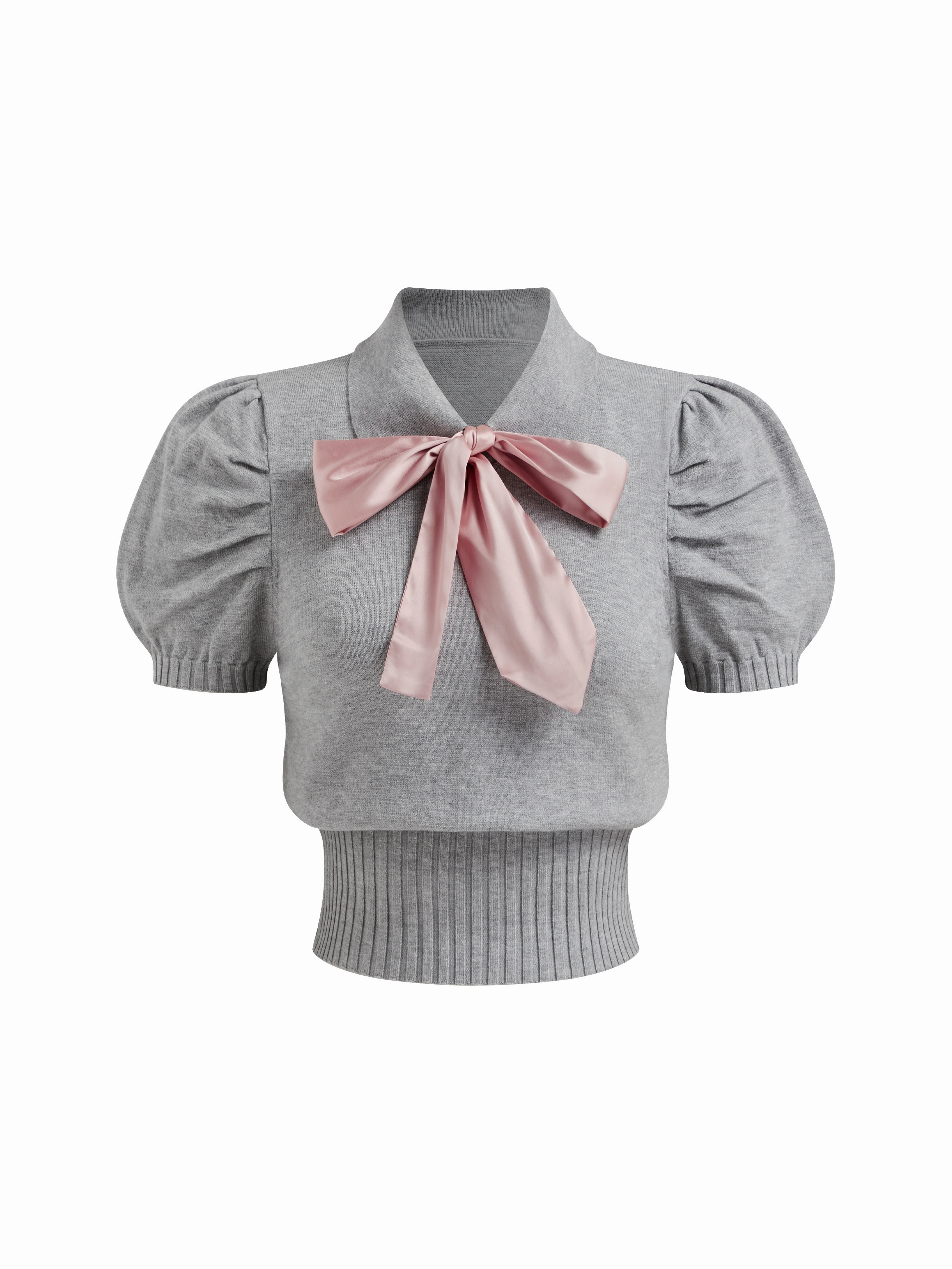 Knit Fabric Knit Collar Puff Short Sleeve Bowknot Cinched Waist Top For Daily Casual