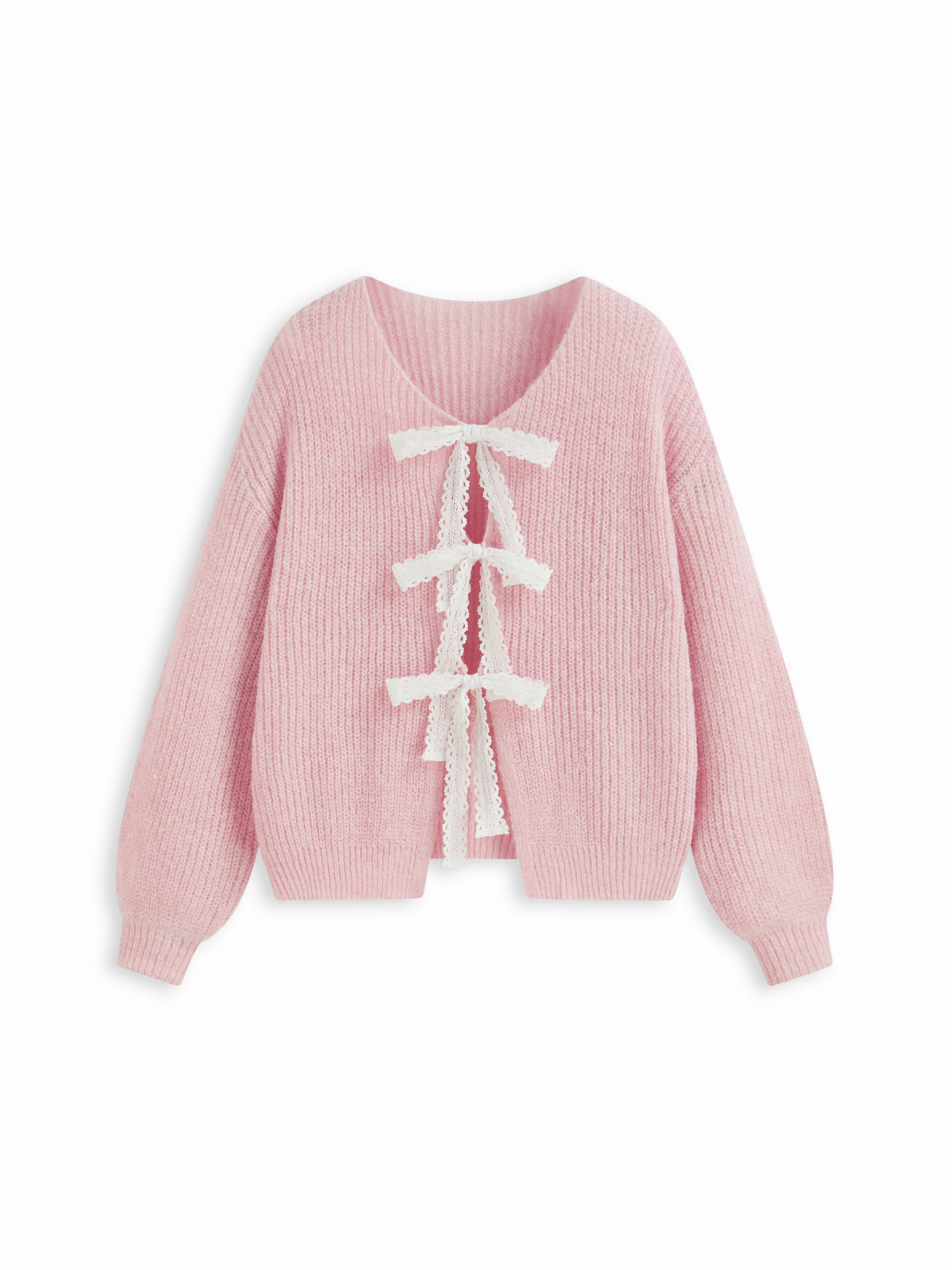 Knit Fabric Knit V-neck Long Sleeve Tie Front Bow Oversized Cardigan For Daily Casual