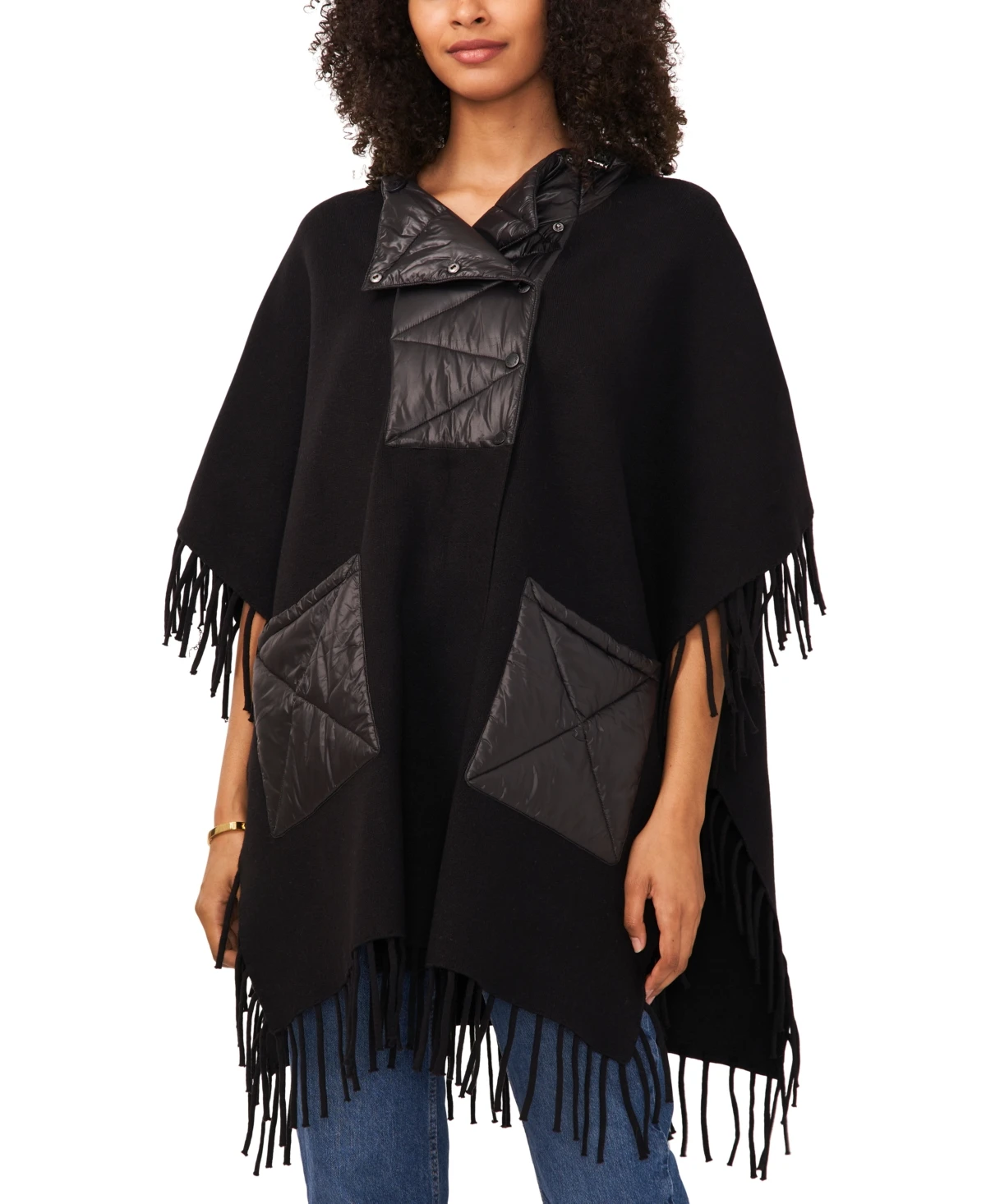 Fringed Puffer-Trim Hoodie Cape