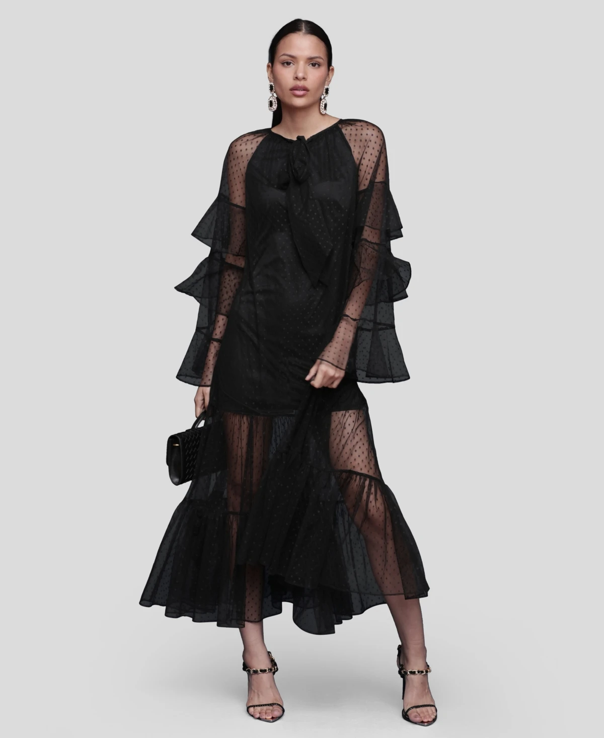 Avec Les Filles Women's Polka Dot Ruffle Tiered Maxi Dress - Black