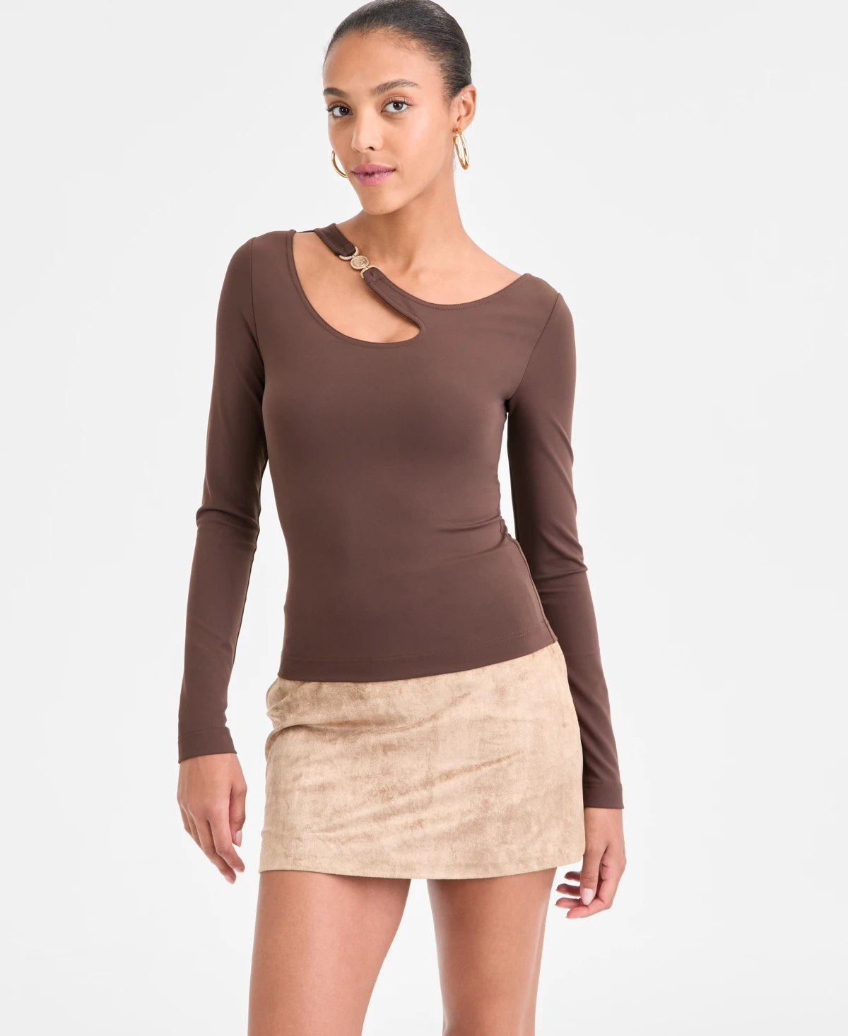 Guess Women's Eleanor Long-Sleeve Buckle Top - Regal Brown