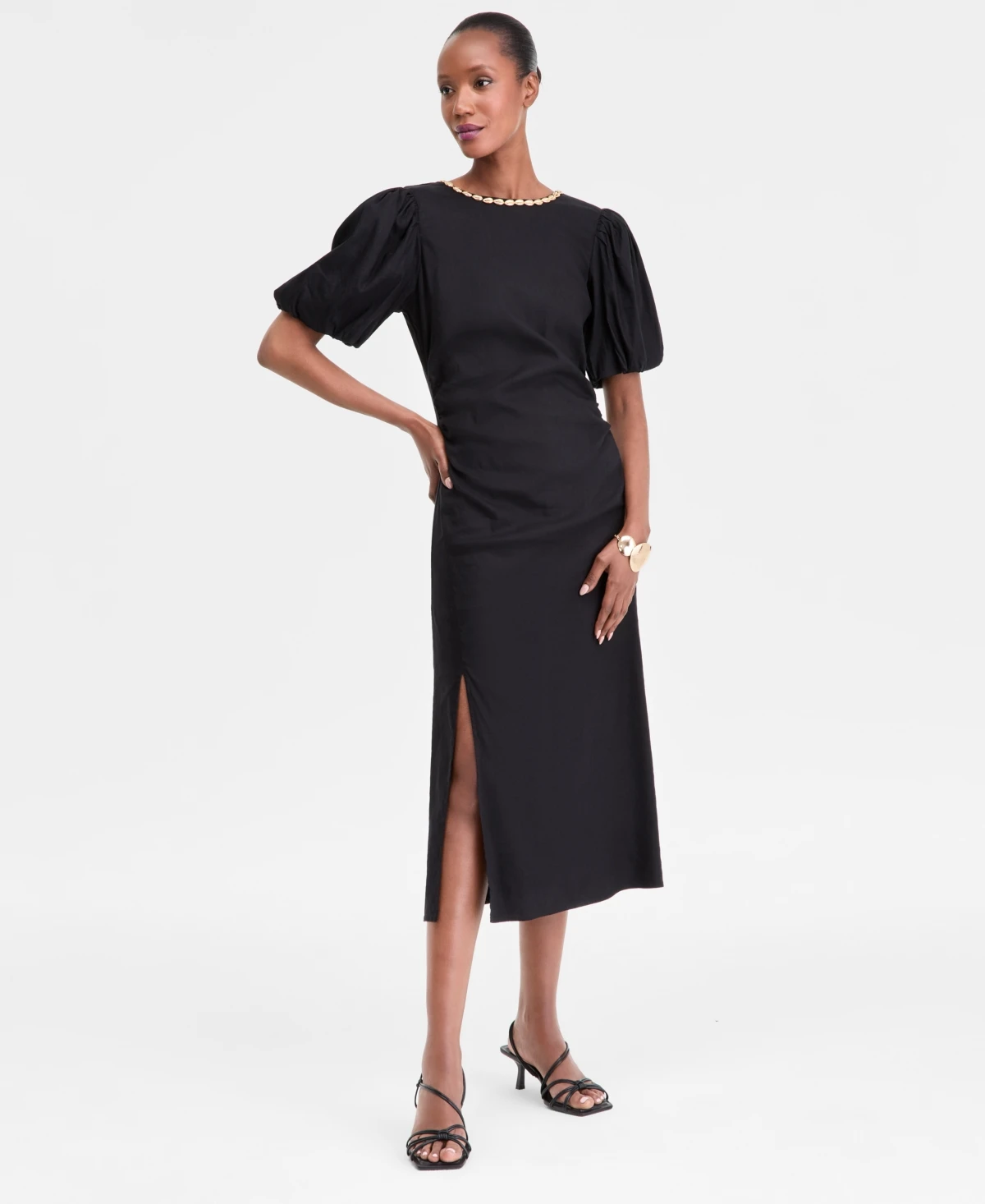 I.n.c. International Concepts Women's Linen-Blend Puff-Sleeve Dress, Exclusively at Macy's - Deep Black