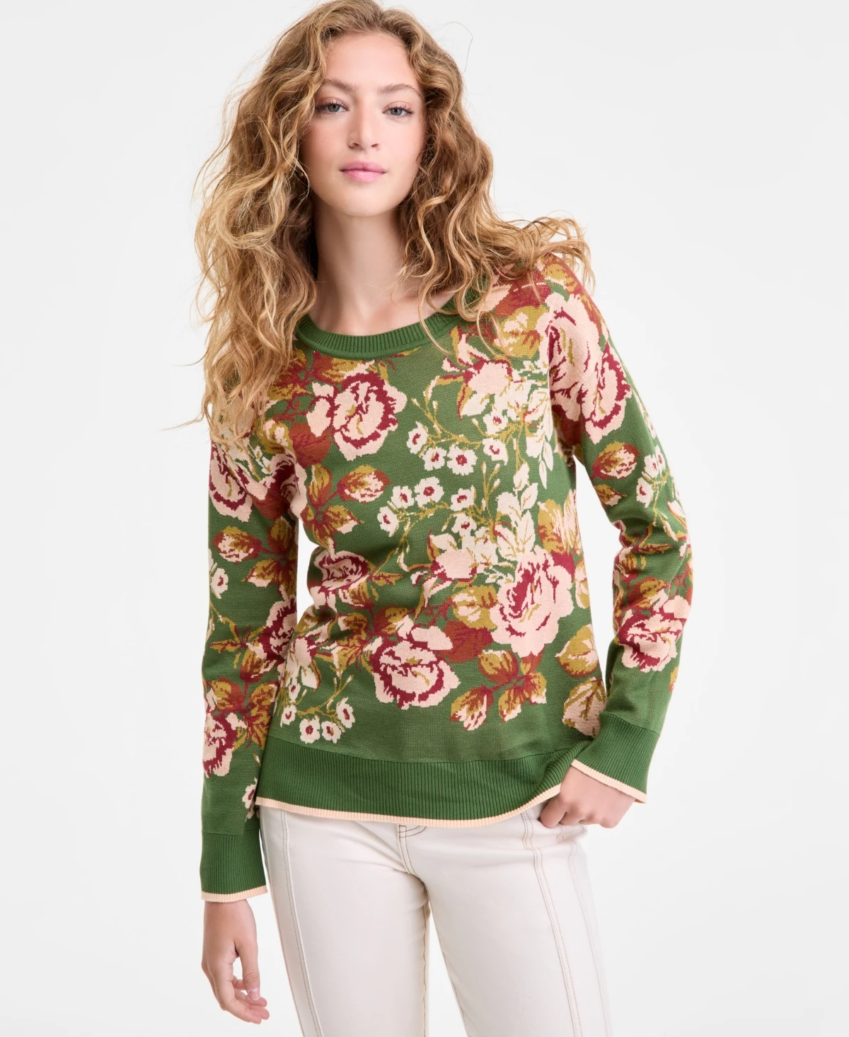 Liverpool Los Angeles Women's Printed Crewneck Long-Sleeve Sweater - Green Multi Floral