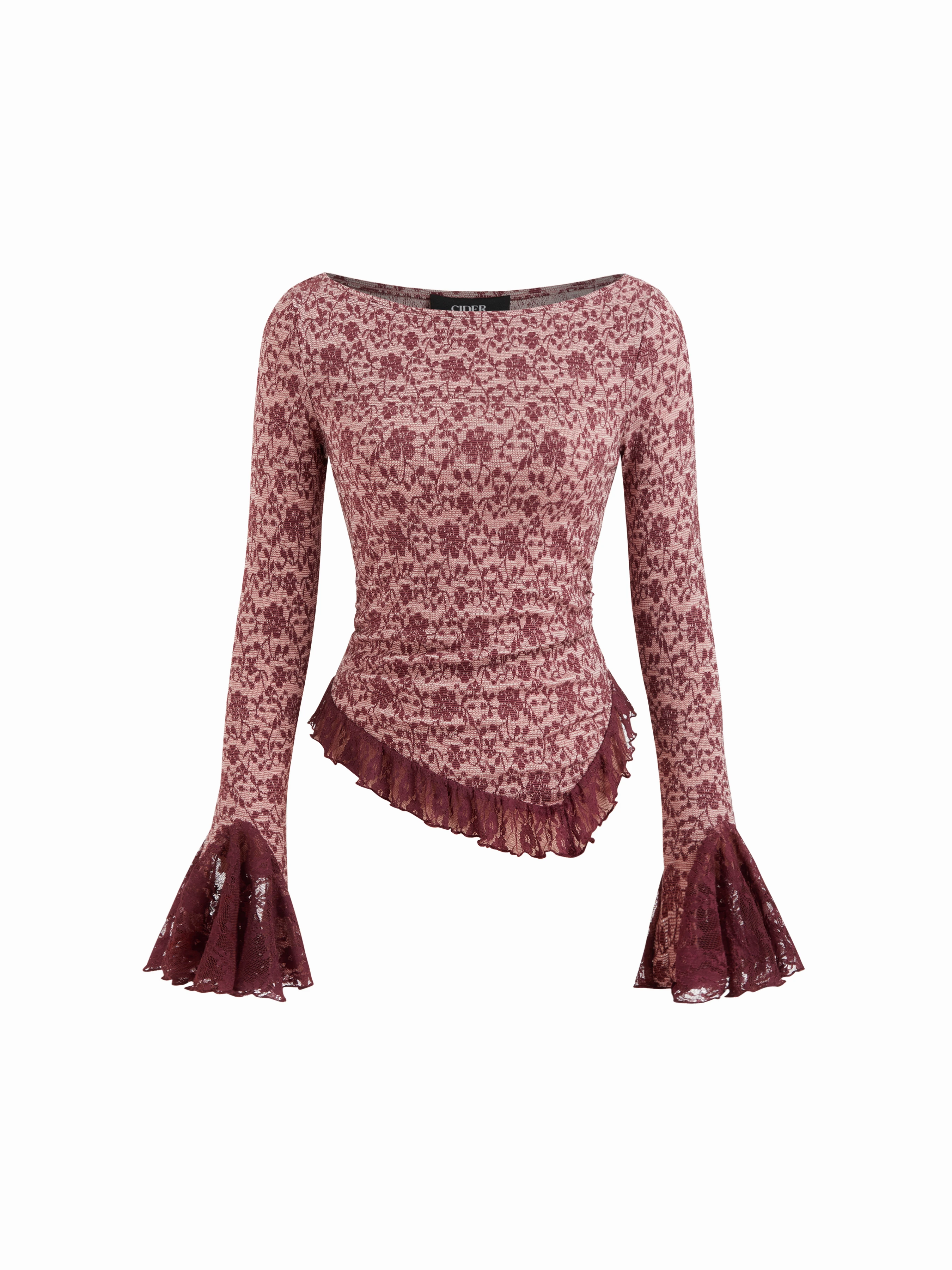 Knit Fabric Floral Boat Neck Lace Trim Asymmetrical Hem Bell Sleeve Ruched Top For Daily Casual