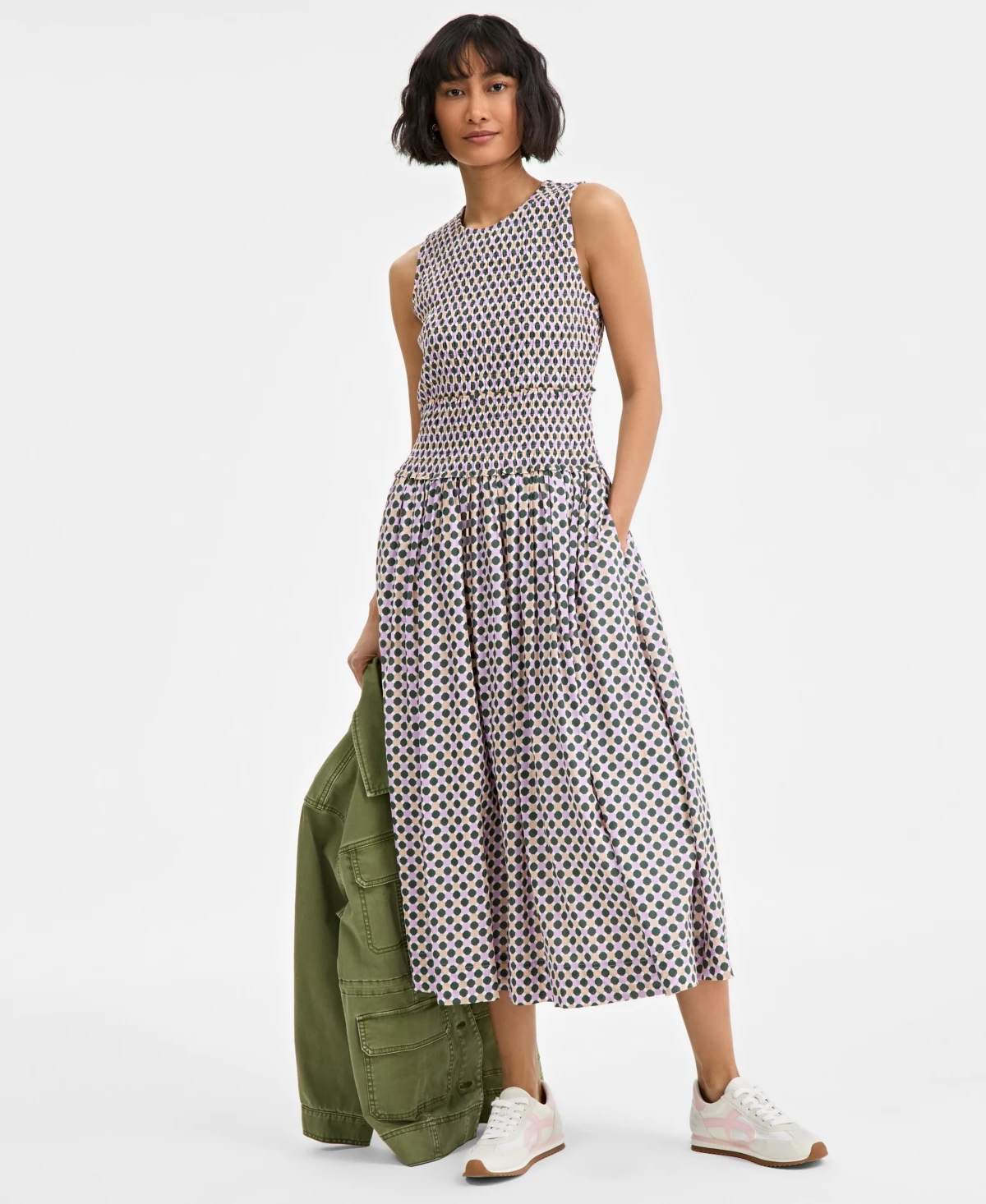 On 34th Women's Woven Printed Smocked Sleeveless Midi Dress