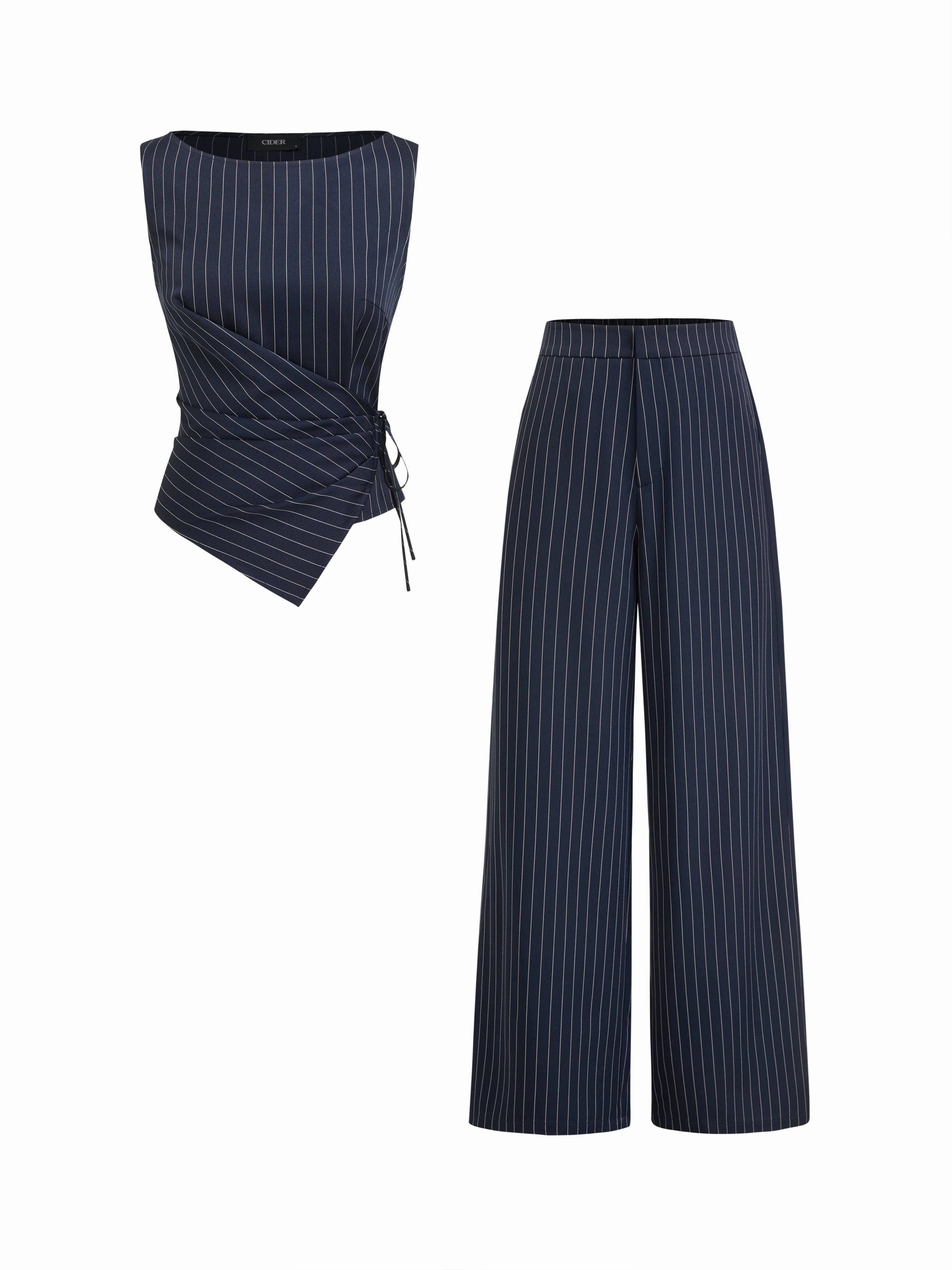 Woven Boat Neck Striped Wrap Knotted Top & Mid Rise Straight Leg Trousers Set For Work
