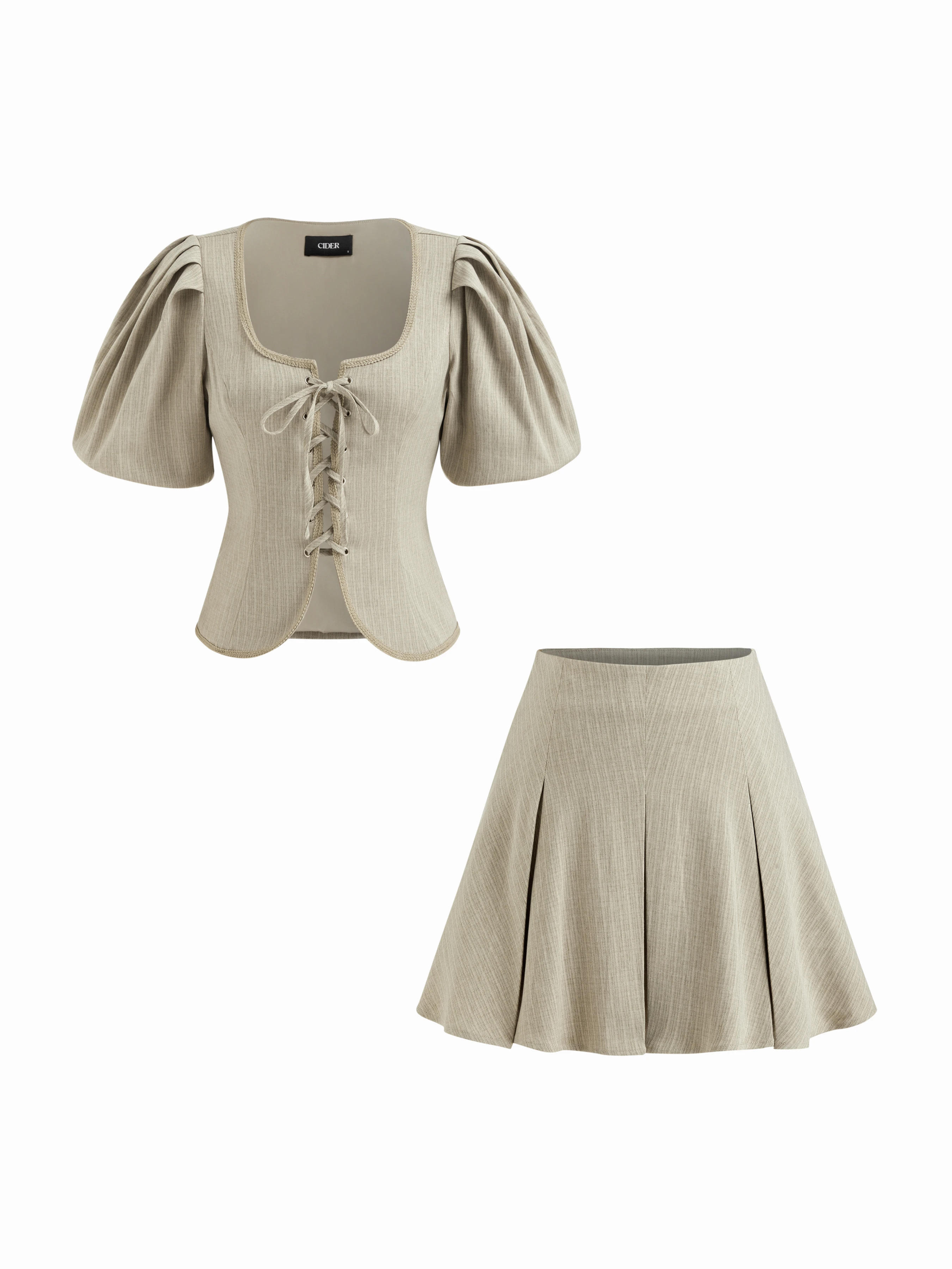 Woven Cotton-blend U-neckline Stripe Tie Front Bow Lantern Sleeve Top & Mid Rise Pleated Mini Skirt Set For School