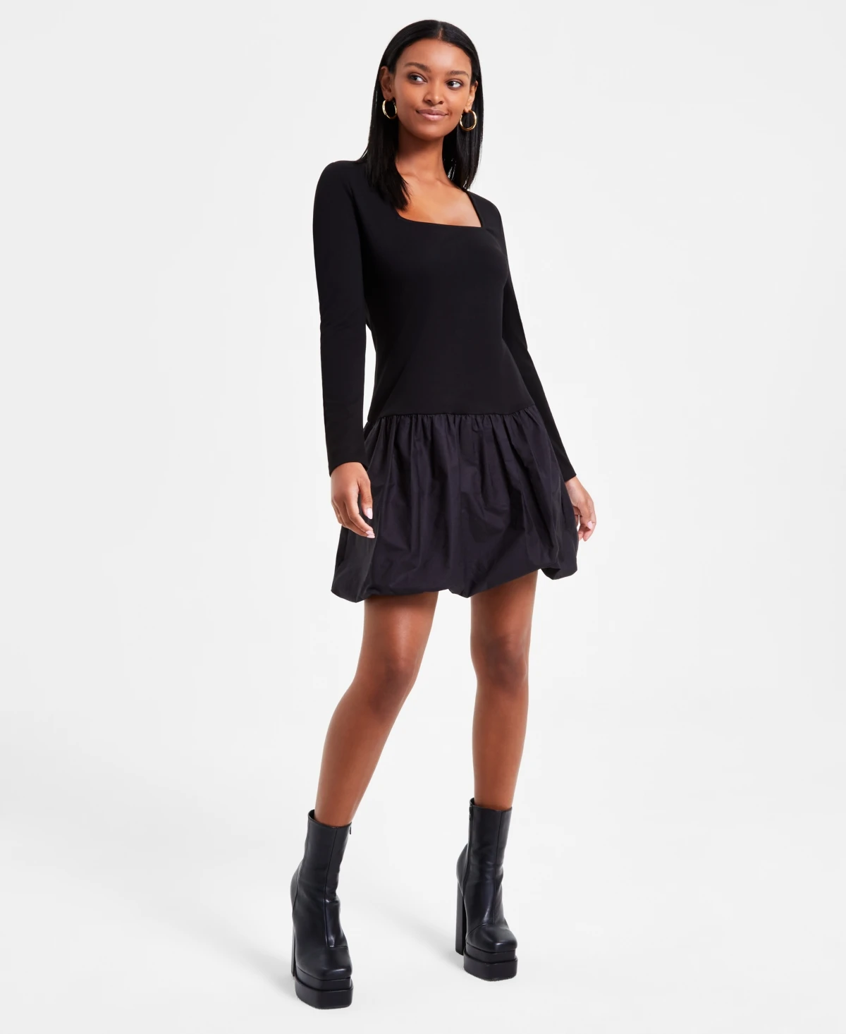 Mixed Media Long-Sleeve Bubble-Hem Dress