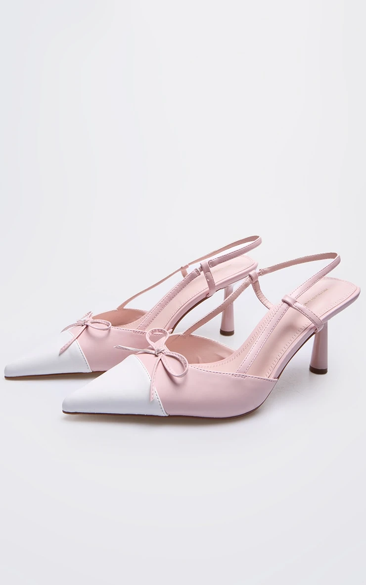 Pink and White Pu Point Toe Bow Detail High Stiletto Court Heels