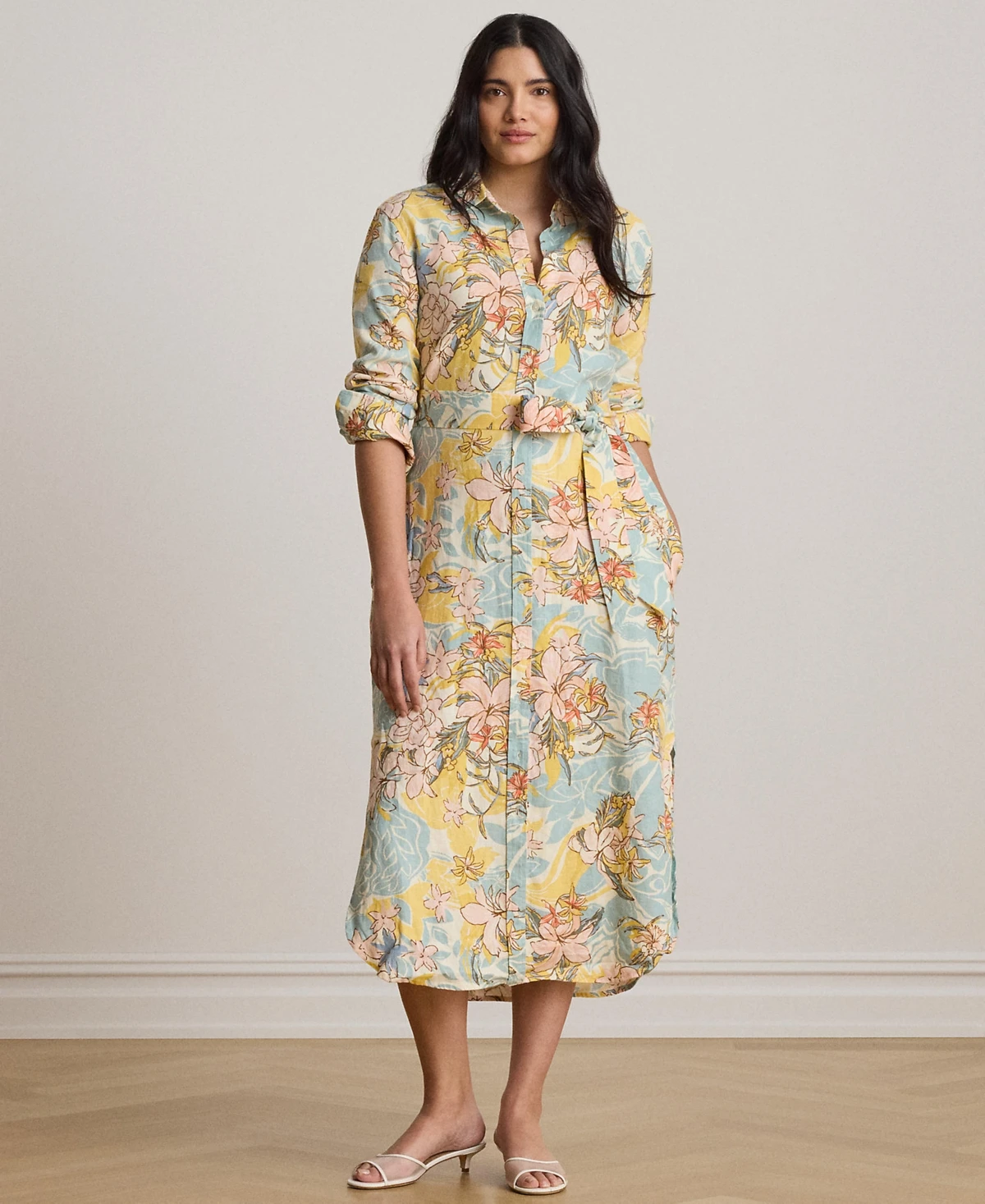 Lauren Ralph Lauren Plus Size Floral Linen Shirtdress - Cream/Blue Multi