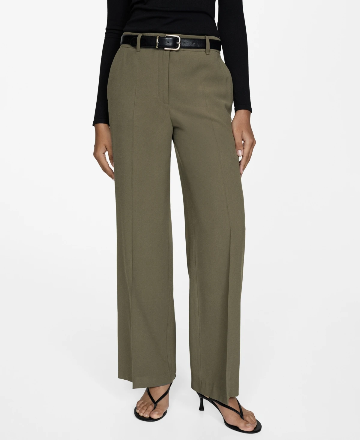Mango Women's Wide Leg Pleated Pants - Khaki
