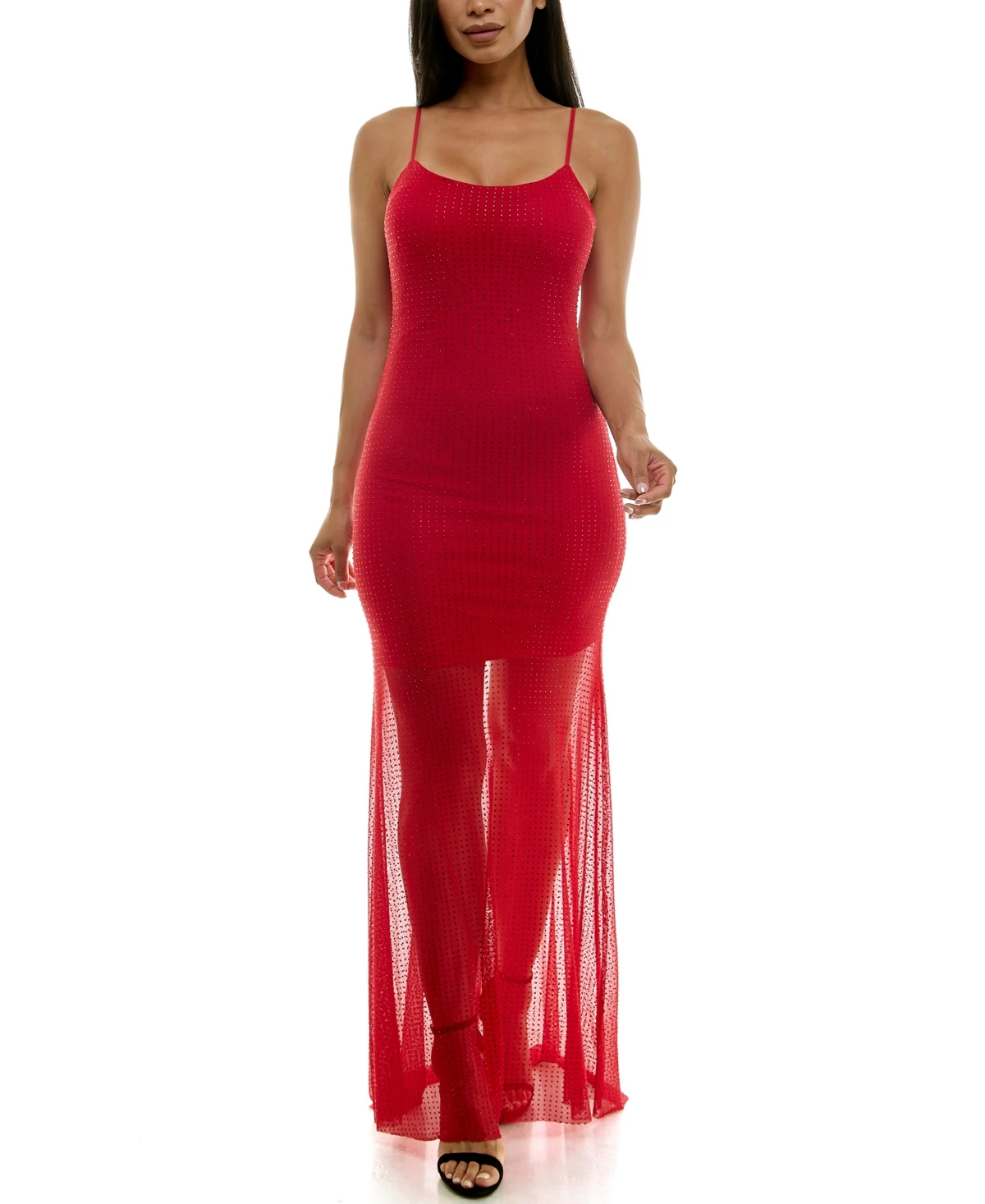 Emerald Sundae Juniors' Rhinestone-Mesh Low-Back Gown - Red