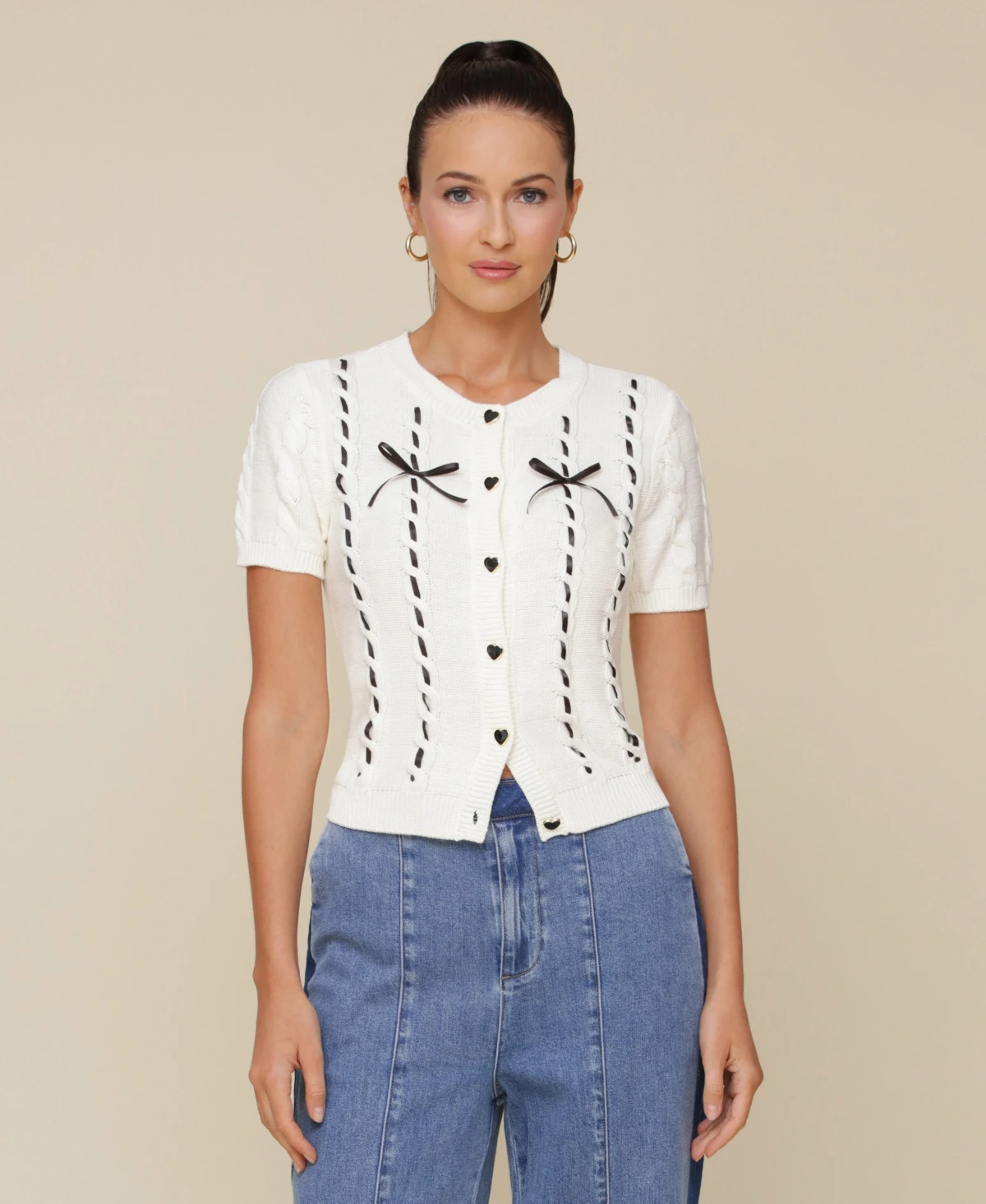 Avec Les Filles Women's Ribbon Trim Short Sleeve Cardigan - Light Oat