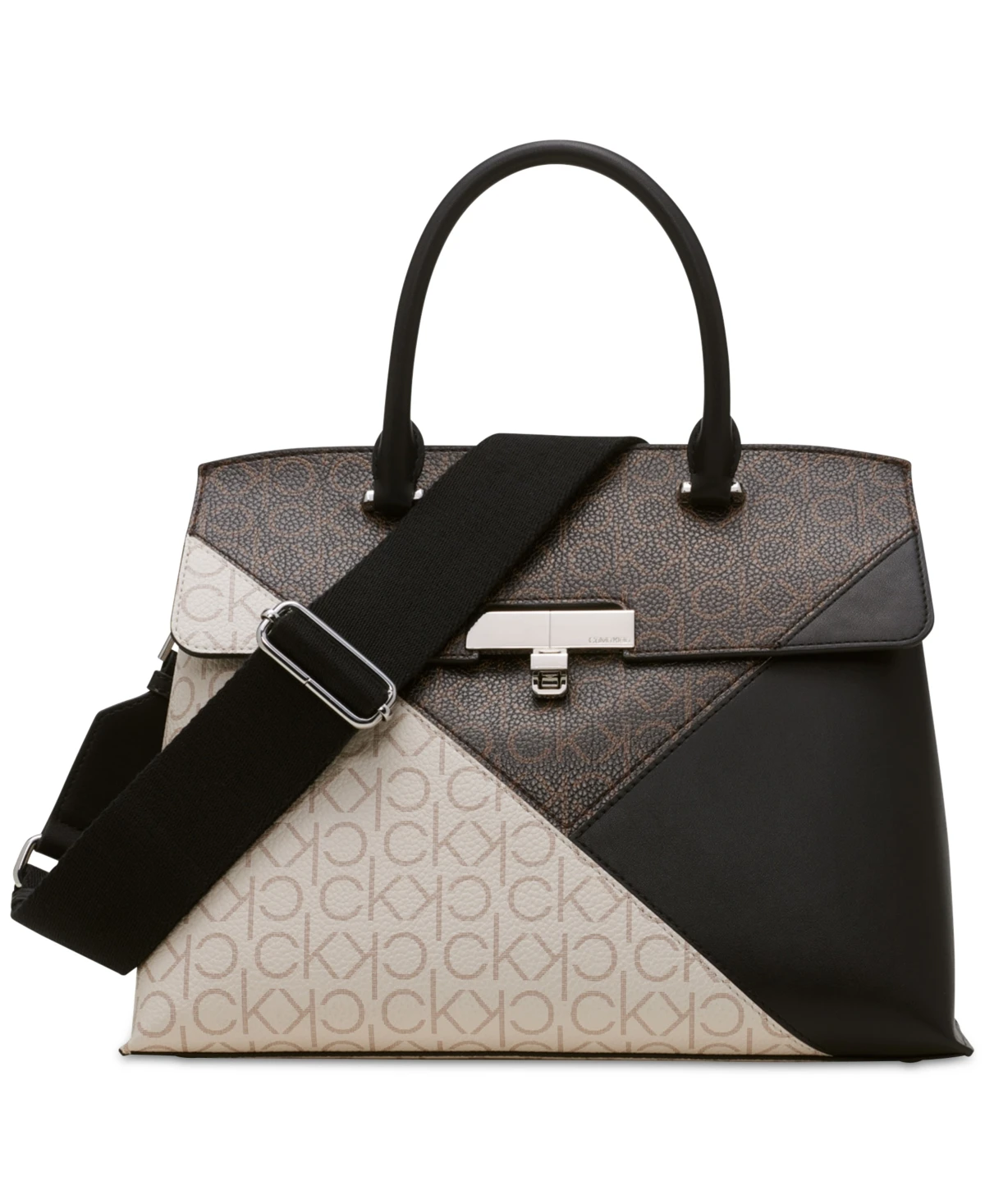 Calvin Klein Becky Signature Colorblock Turnlock Convertible Satchel - Bk Br Kh/v