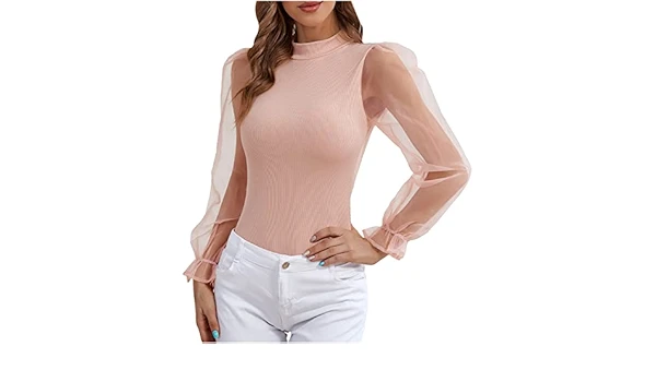 Womens Sheer Mesh Long Sleeve Mock Turtleneck Tops Lightweight Stretch Slim Fitted Shirt Solid Elegant Blouses Tees
