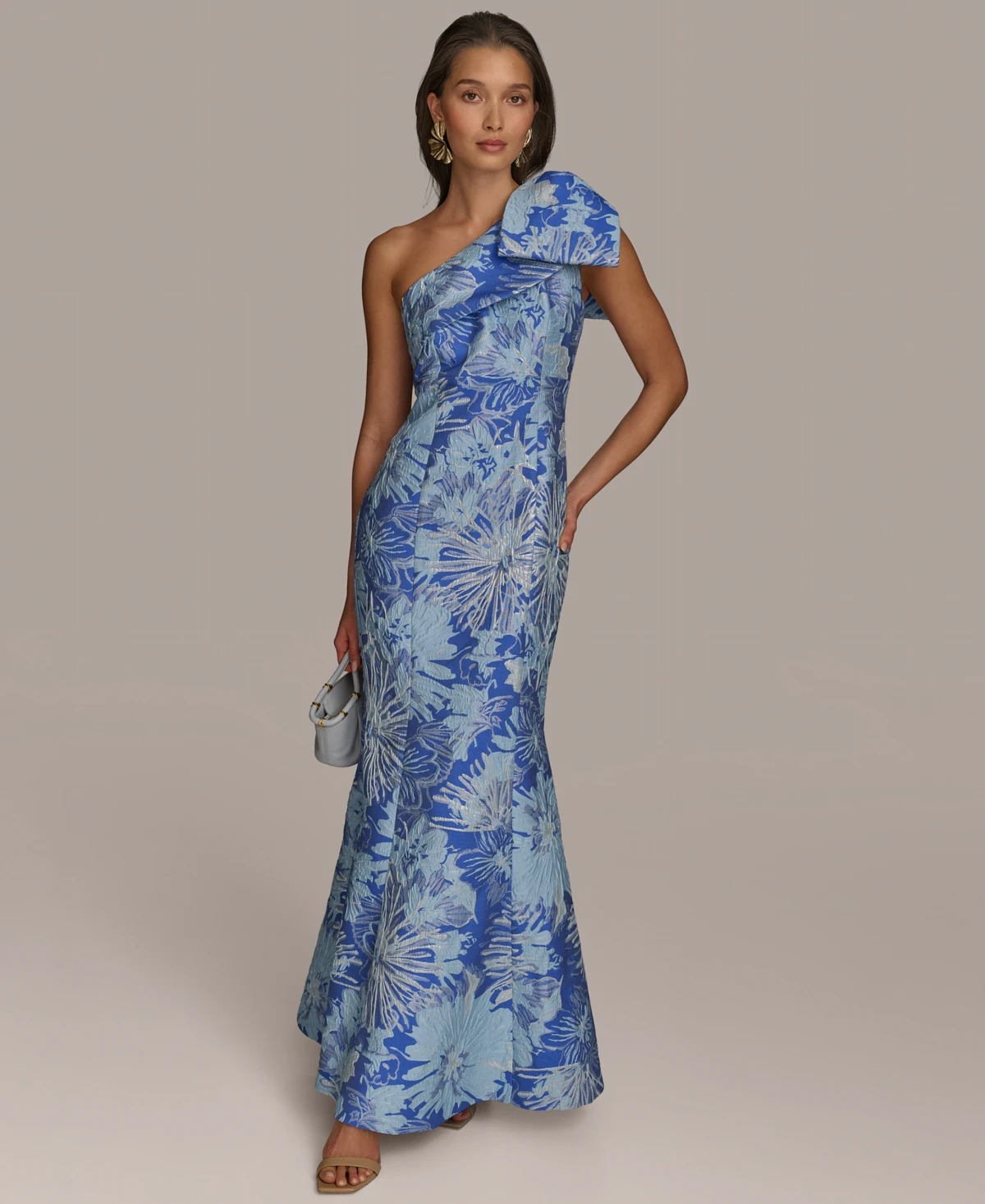 Donna Karan New York Women's Jacquard Bow-Trim One-Shoulder Gown - Dazzling Blue Multi