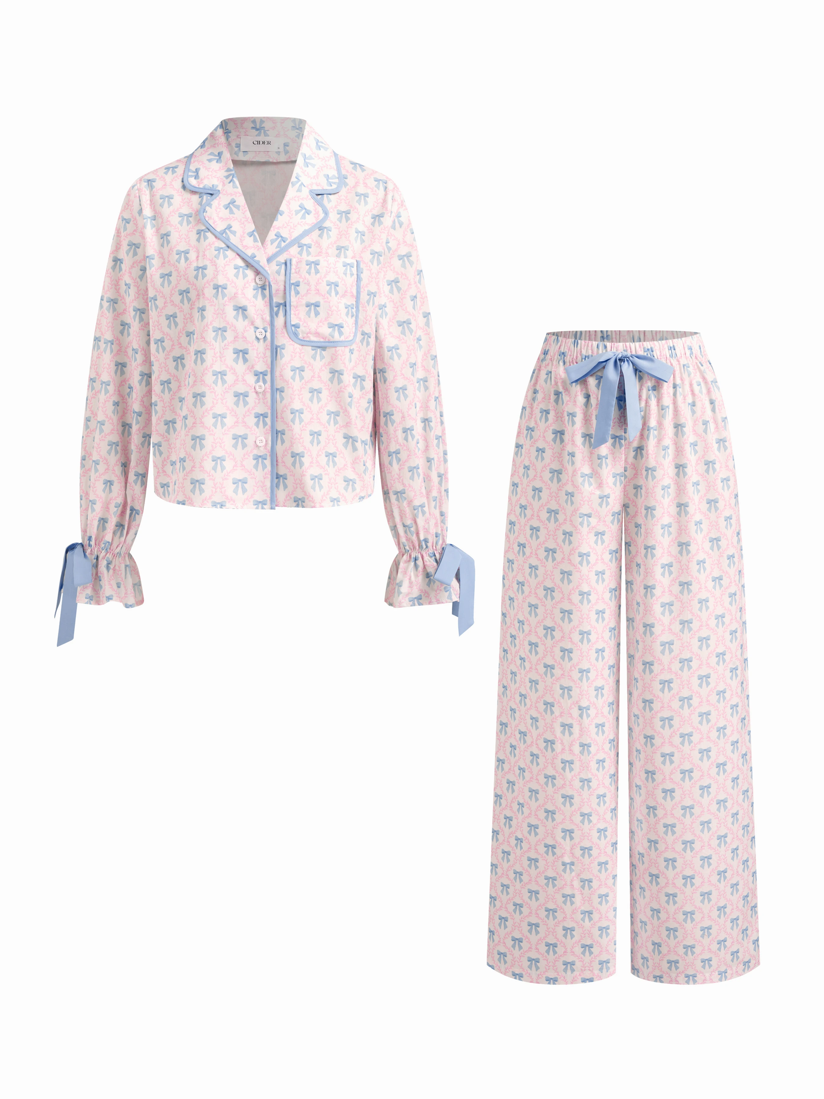 Woven Cotton Bowknot Graphic Knotted Oversized Top & Mid Rise Straight Leg Trousers Loungewear Set For Bedroom